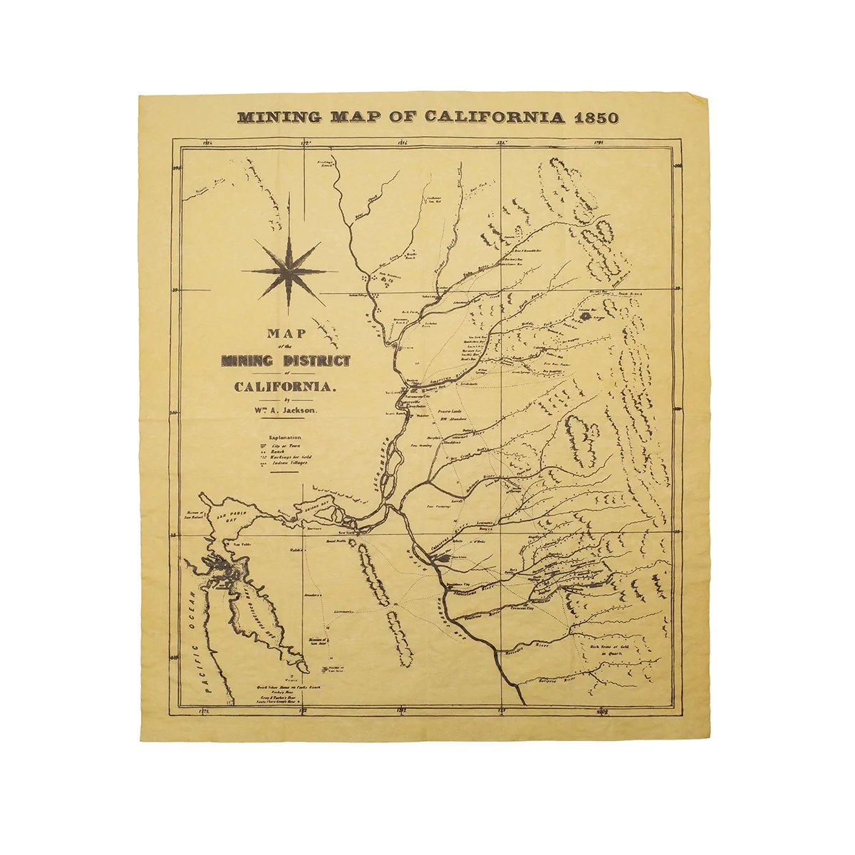 1850 California Mining Map Parchment Paper Poster Gold Rush Home Decor Wall Art