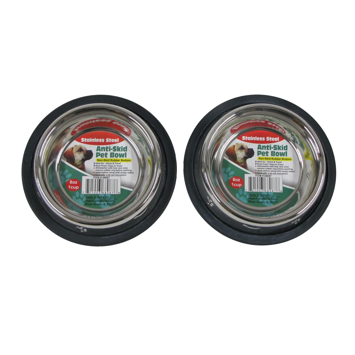 2pc 8oz Stainless Steel Non-Slip Rubber Bottom Small Dog Pet Food Water Bowl Set