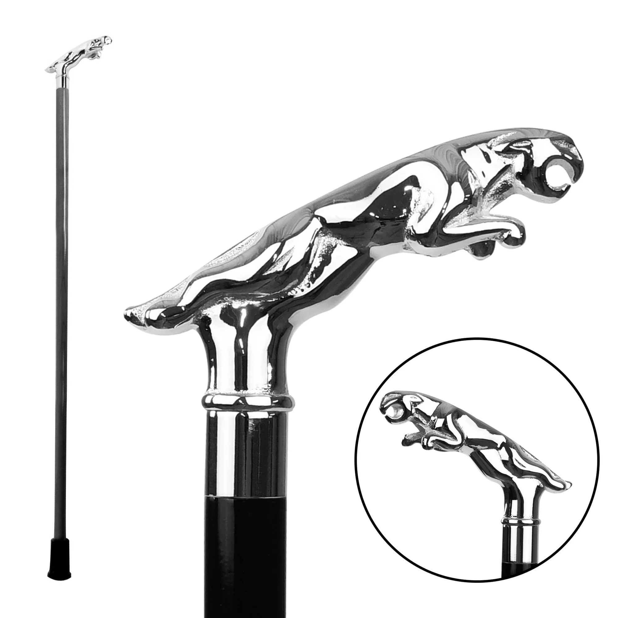 36" Chrome Jaguar Cane Solid Silver Handle Wood Shaft Sturdy Walking Stick Canes