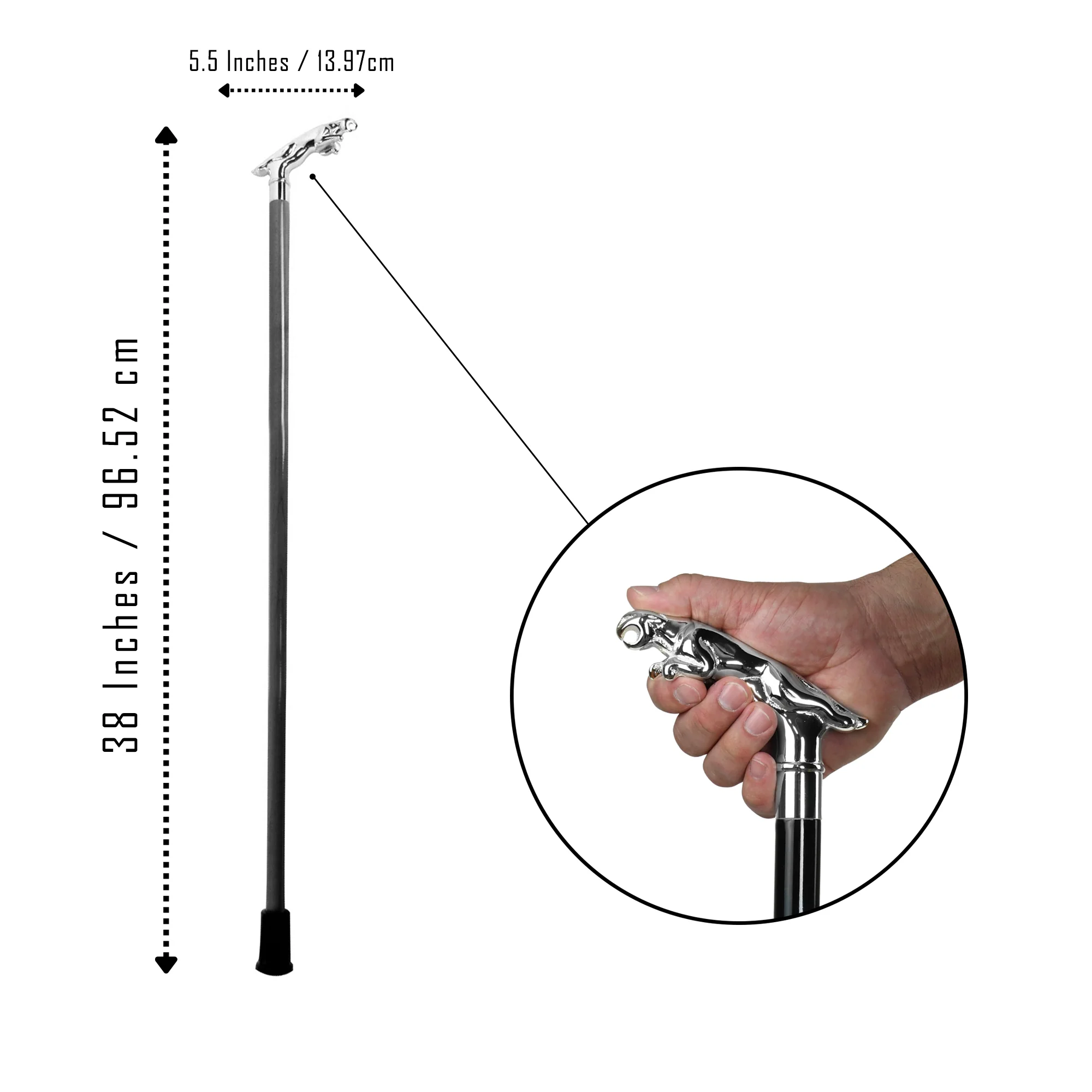 36" Chrome Jaguar Cane Solid Silver Handle Wood Shaft Sturdy Walking Stick Canes - Image 2