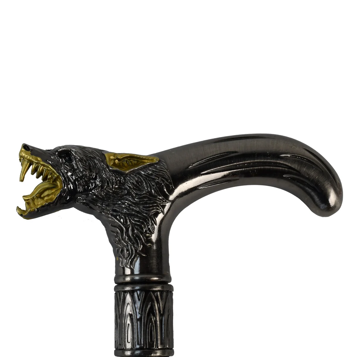 37" Screaming Wolf Head Teeth T Handle Cane 2pc Metal Shaft Travel Walking Stick