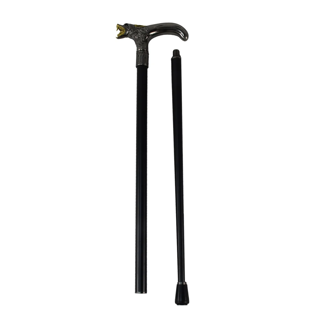 37" Screaming Wolf Head Teeth T Handle Cane 2pc Metal Shaft Travel Walking Stick - Image 2