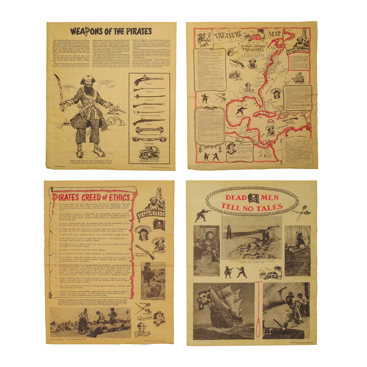 4 Pirate Wall Art Posters Treasure Chest Map Weapons Pistol Sword Gun Home Decor