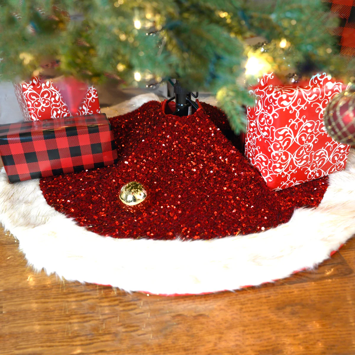 42" Red Sequin Tinsel Faux Fur Soft Christmas Tree Skirt Xmas Holiday Home Decor - Image 5