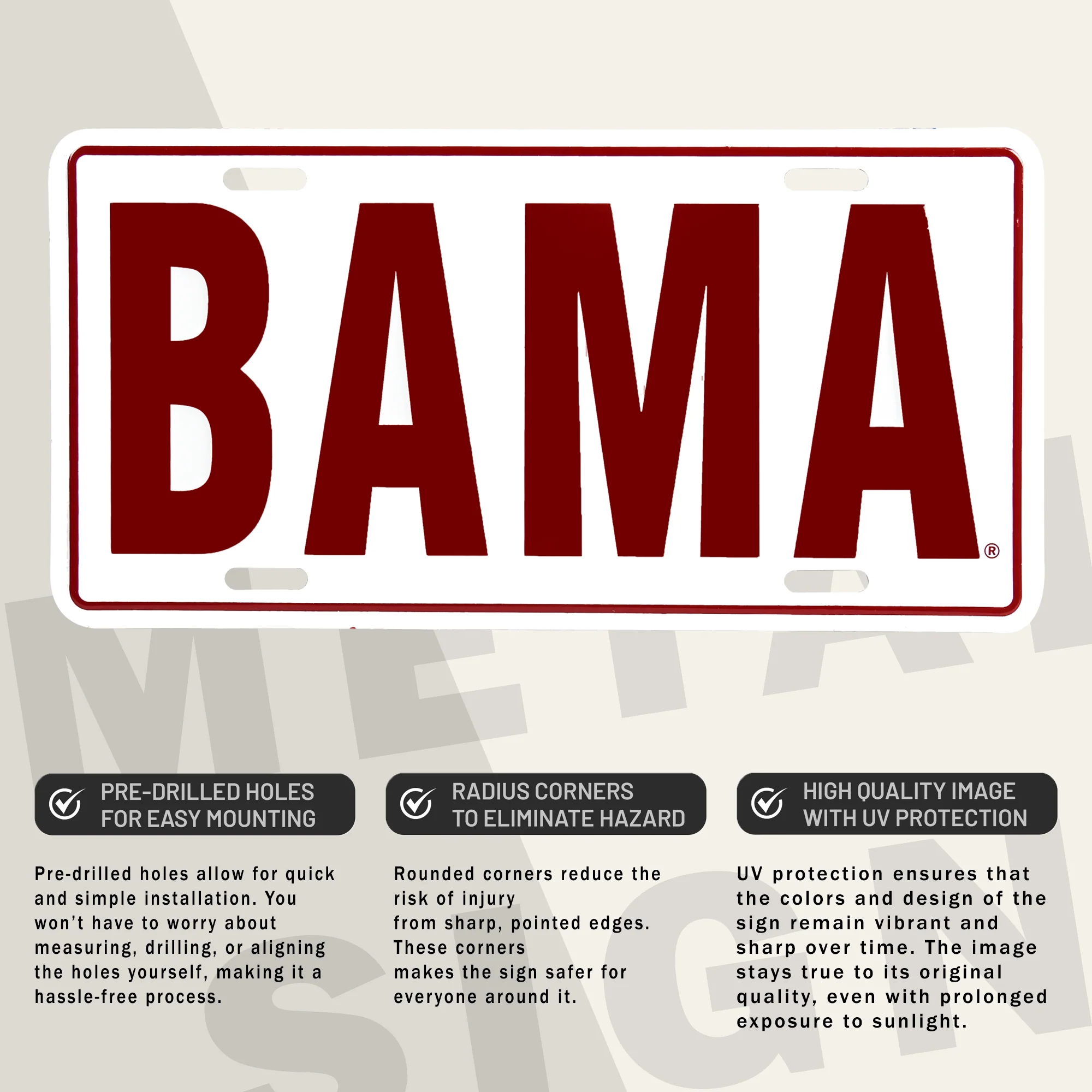 BAMA Vanity License Plate Alabama Crimson Car Truck Tag Roll Tide Gifts 12"x6" - Image 3