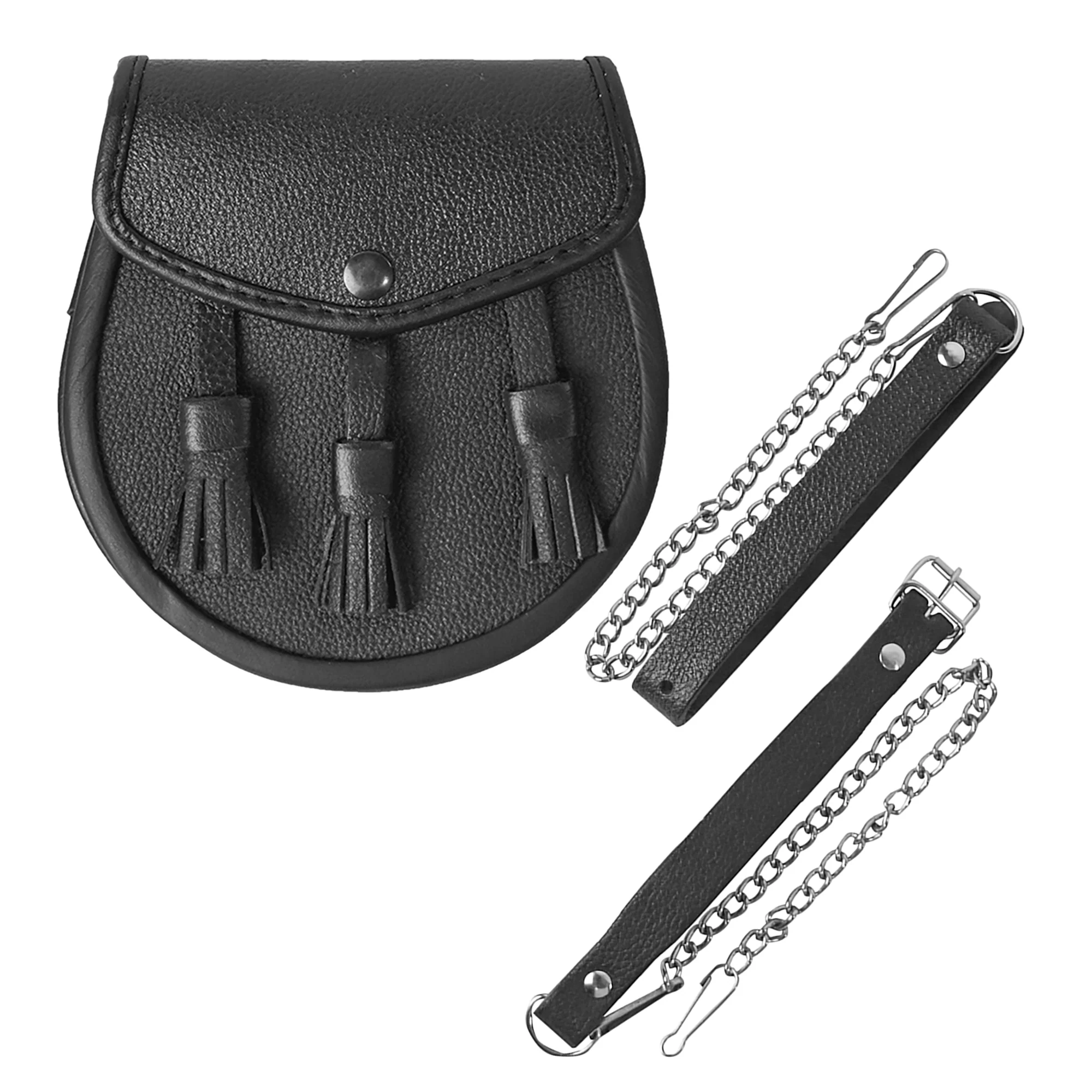 Black Leather Sporran Belt Pouch Medieval Dress Scottish Kilt Waist Bag Tassels