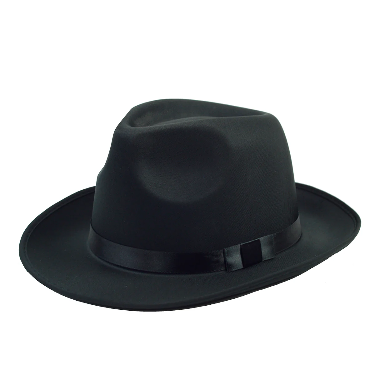 Black Satin Gangster Fedora Brim Hat Men Trilby Dress Cap Prop Costume Accessory