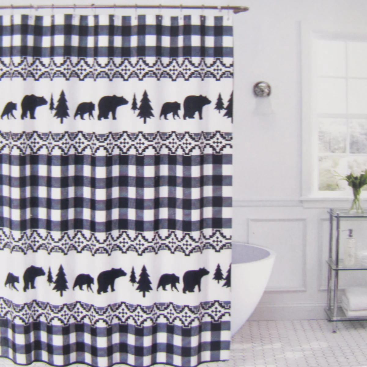Black White Buffalo Check Plaid Bear Bath Shower Curtain Rustic Bathroom Decor