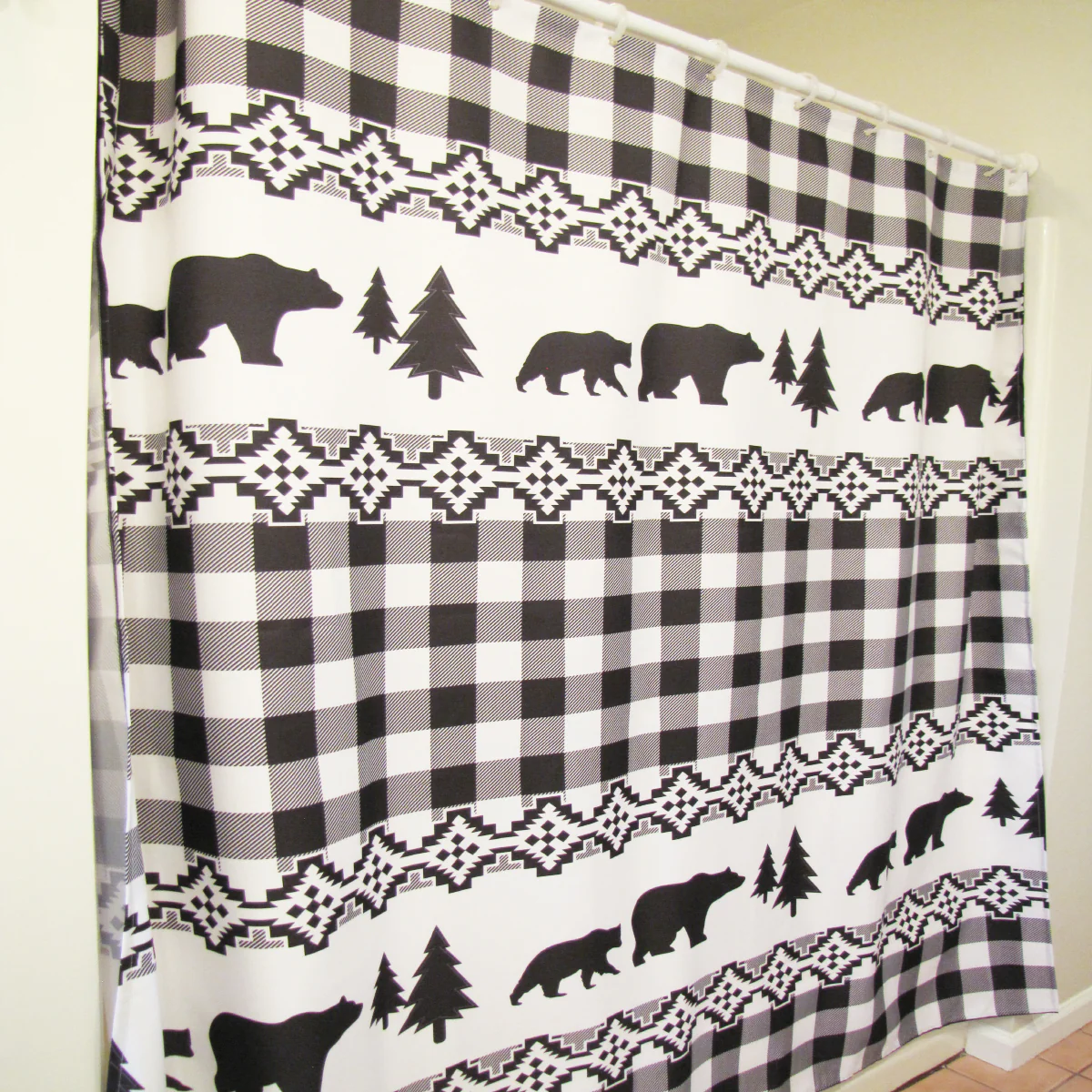 Black White Buffalo Check Plaid Bear Bath Shower Curtain Rustic Bathroom Decor - Image 2