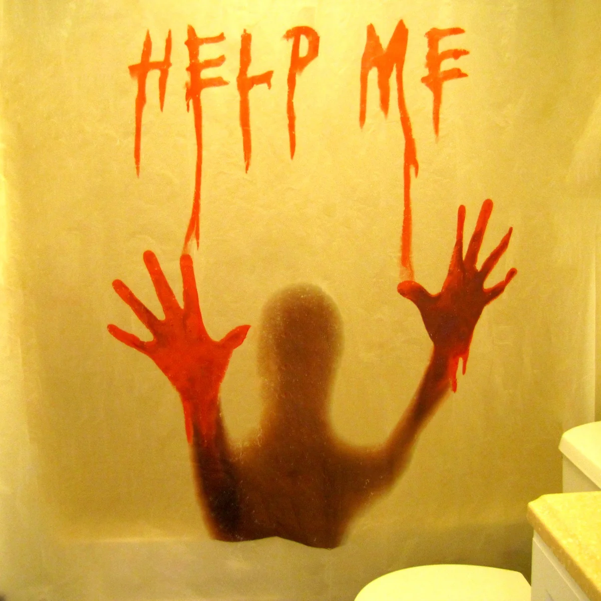 Bloody Help Me Shower Bath Curtain Bathroom Horror Prop Scary Halloween Decor