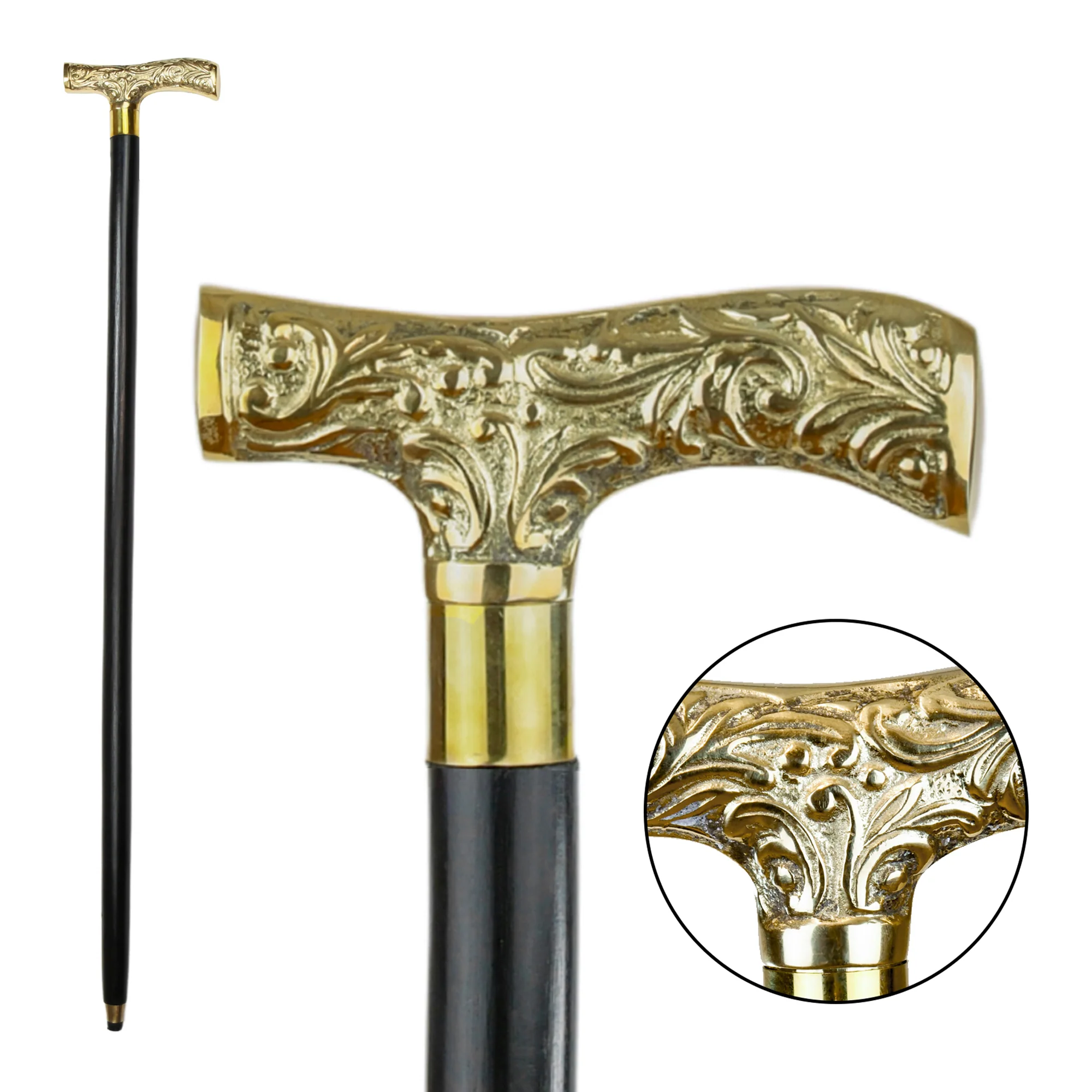 Brass Handle Walking Stick Cane Wooden Canes for Men Women Seniors Victorian