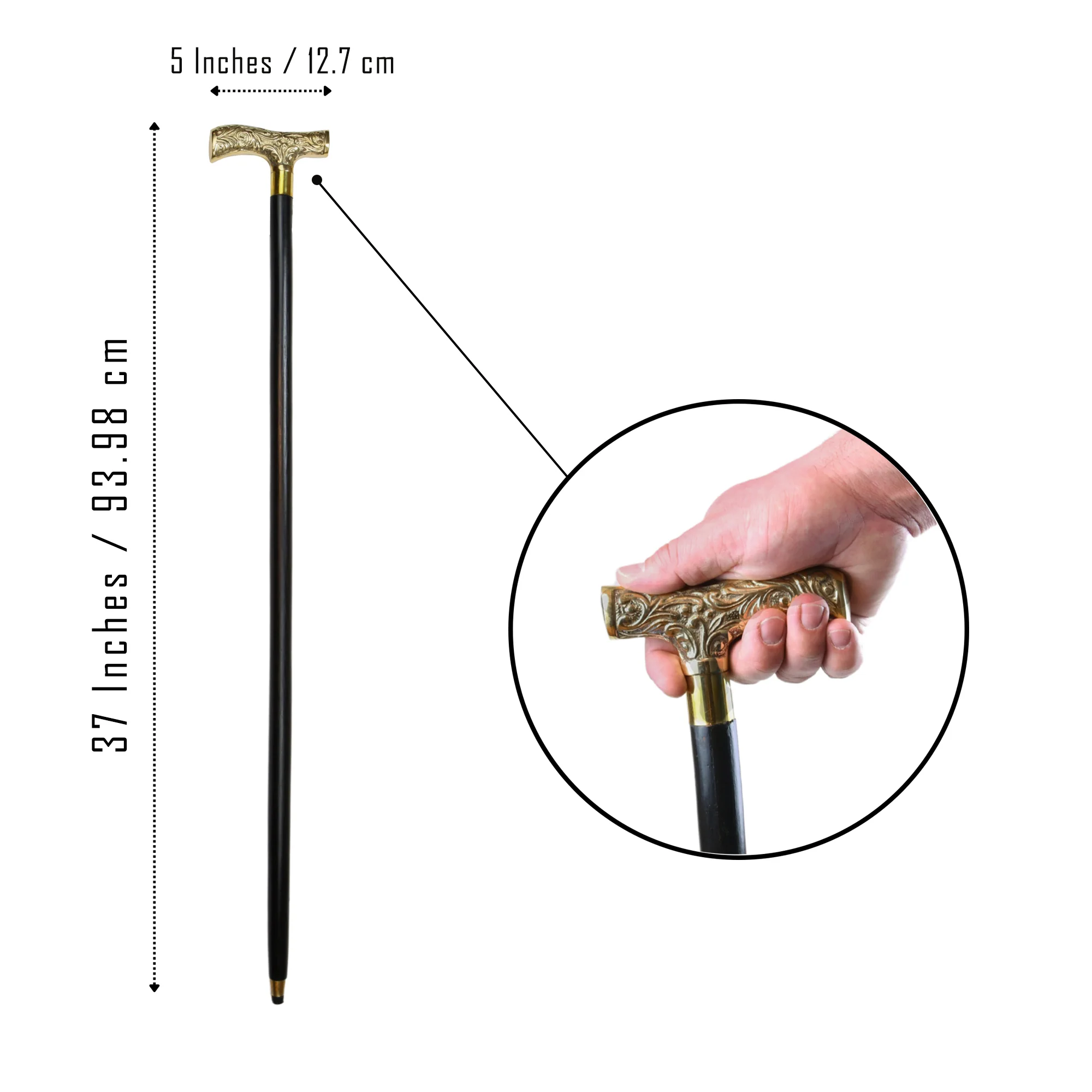 Brass Handle Walking Stick Cane Wooden Canes for Men Women Seniors Victorian - Image 2