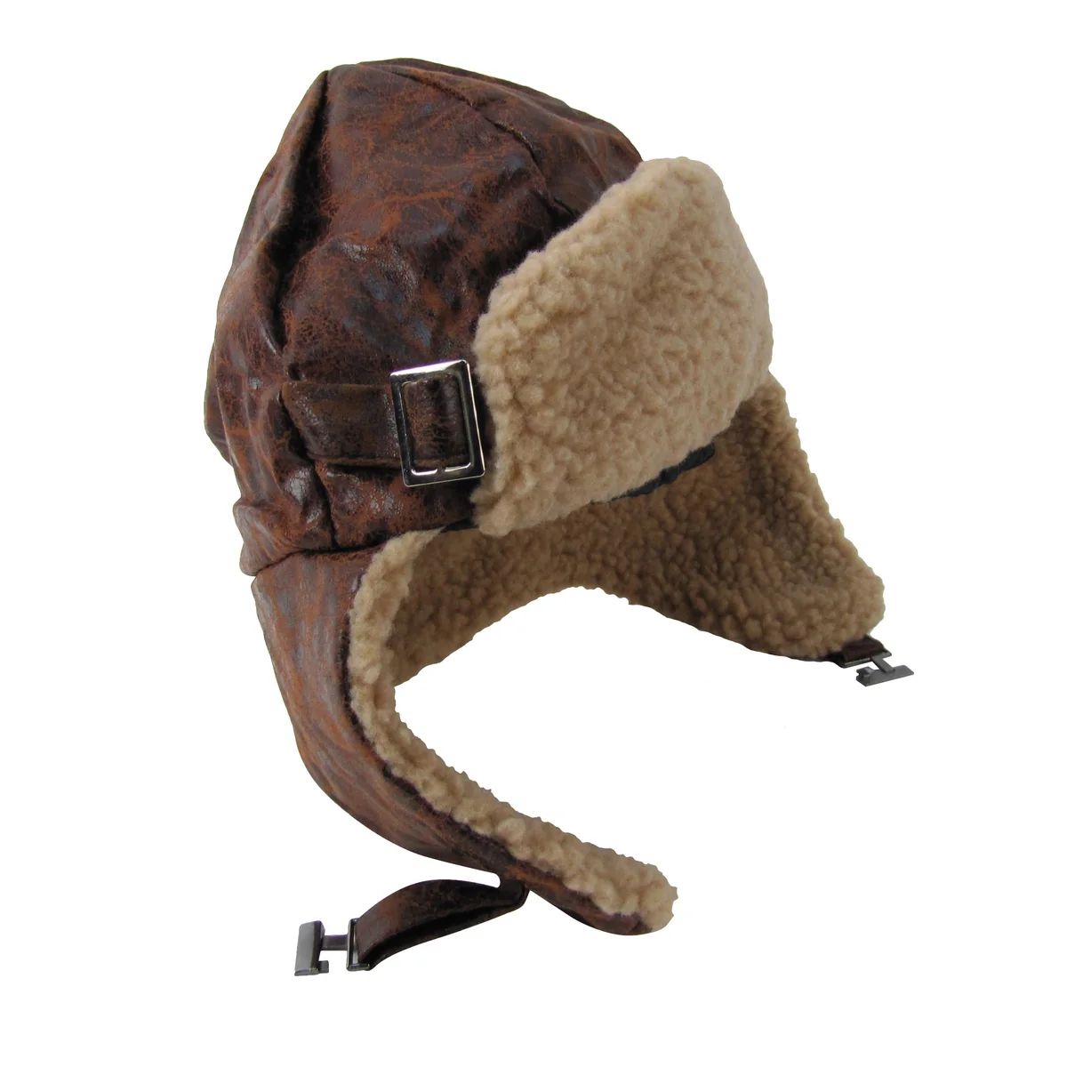 Brown Leather Aviator Helmet Wool Bomber Pilot Trooper Hat Warm Winter Ski Cap