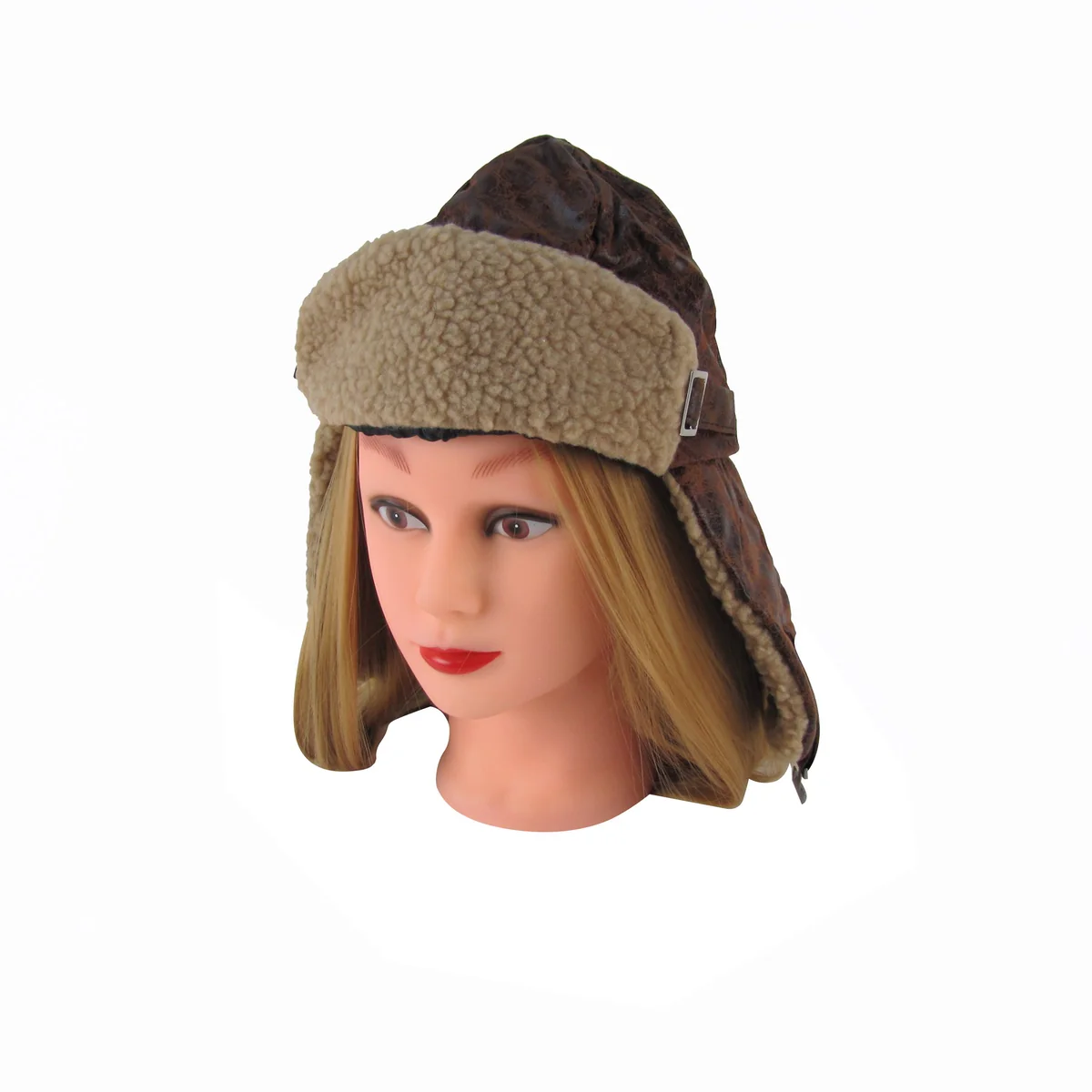 Brown Leather Aviator Helmet Wool Bomber Pilot Trooper Hat Warm Winter Ski Cap - Image 2