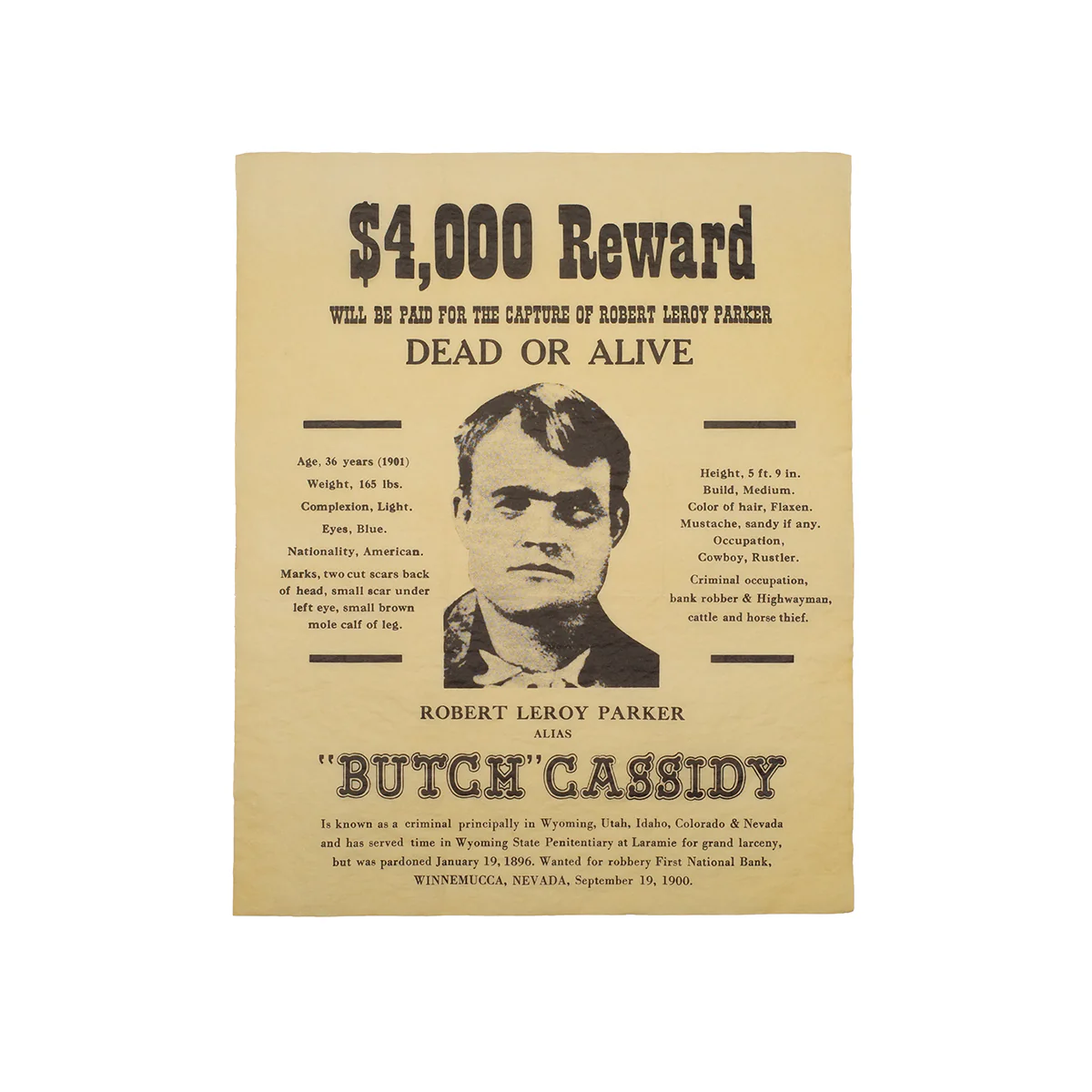 Butch Cassidy Outlaw Reward Poster Western Bar Decor Parchment Paper Wall Art Ad
