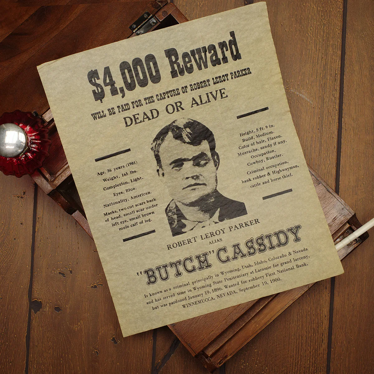 Butch Cassidy Outlaw Reward Poster Western Bar Decor Parchment Paper Wall Art Ad - Image 3