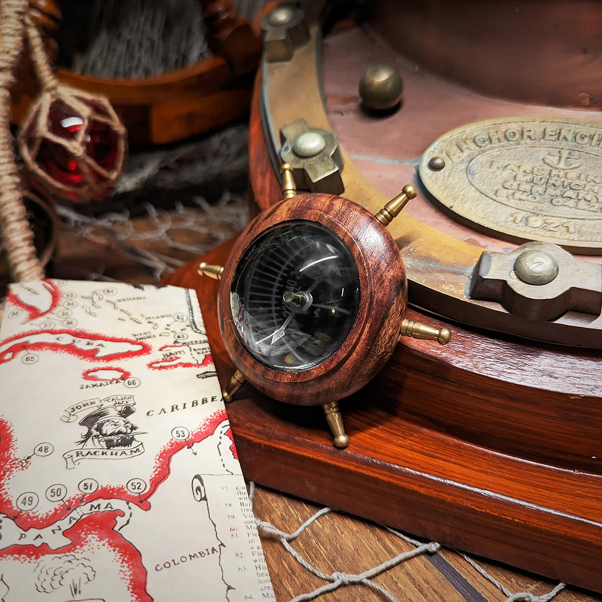 Captains Desk Wooden Brass Shipwheel Compass Nautical Paper Weight Office Decor - Image 4