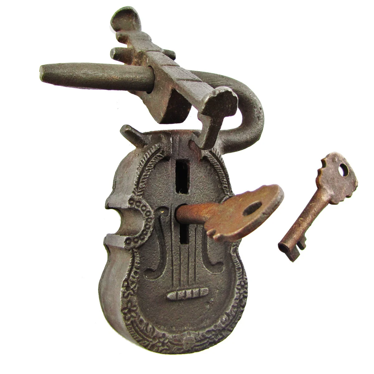 Cast Iron & Brass Large Antique Style Violin Shaped Lock Set - Image 2