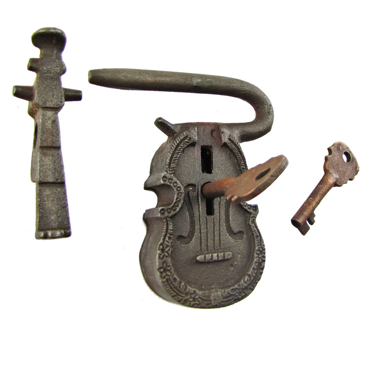 Cast Iron & Brass Large Antique Style Violin Shaped Lock Set - Image 3