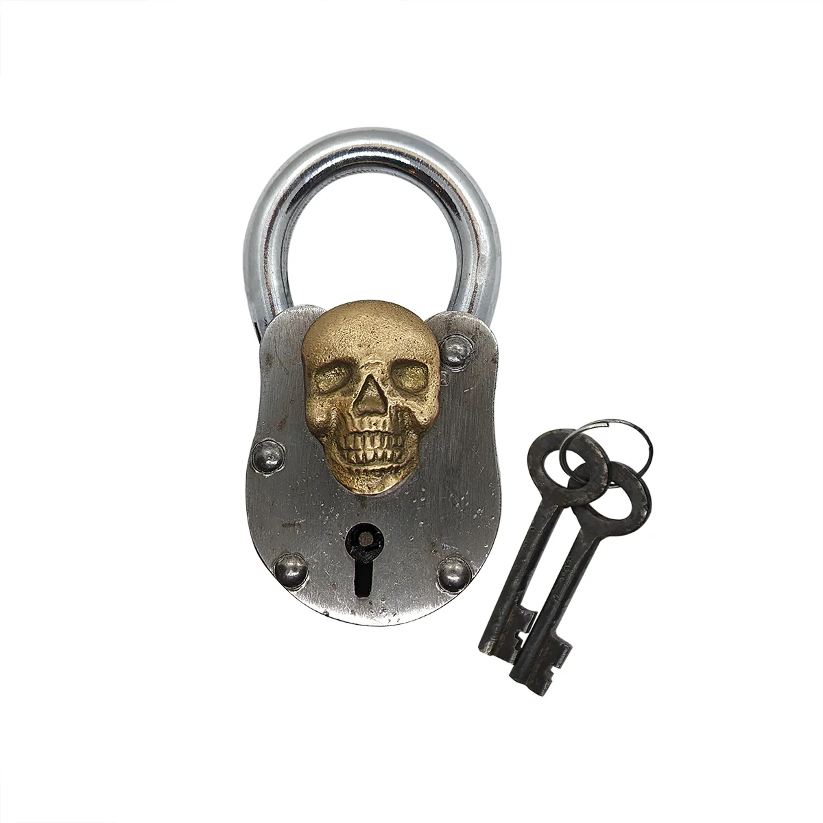 Cast Iron Skull Padlock Brass Metal Locker Treasure Chest Lock 2 Skeleton Keys