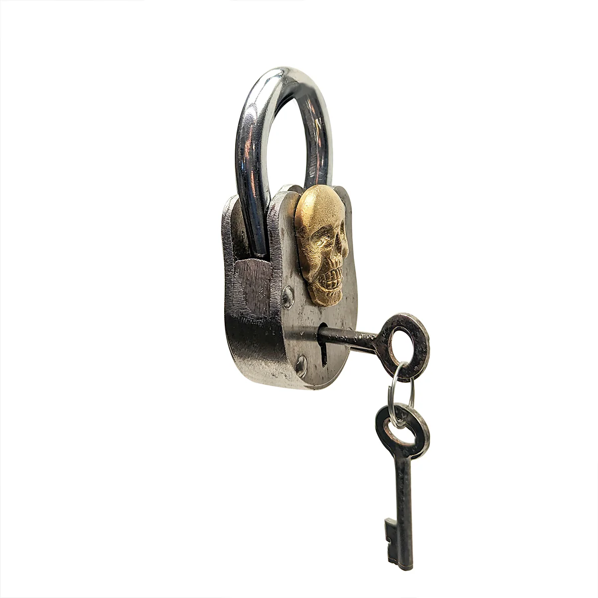 Cast Iron Skull Padlock Brass Metal Locker Treasure Chest Lock 2 Skeleton Keys - Image 2