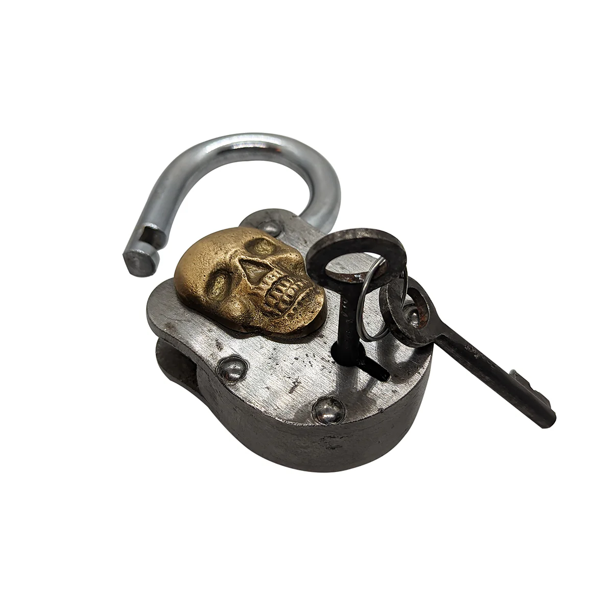 Cast Iron Skull Padlock Brass Metal Locker Treasure Chest Lock 2 Skeleton Keys - Image 3