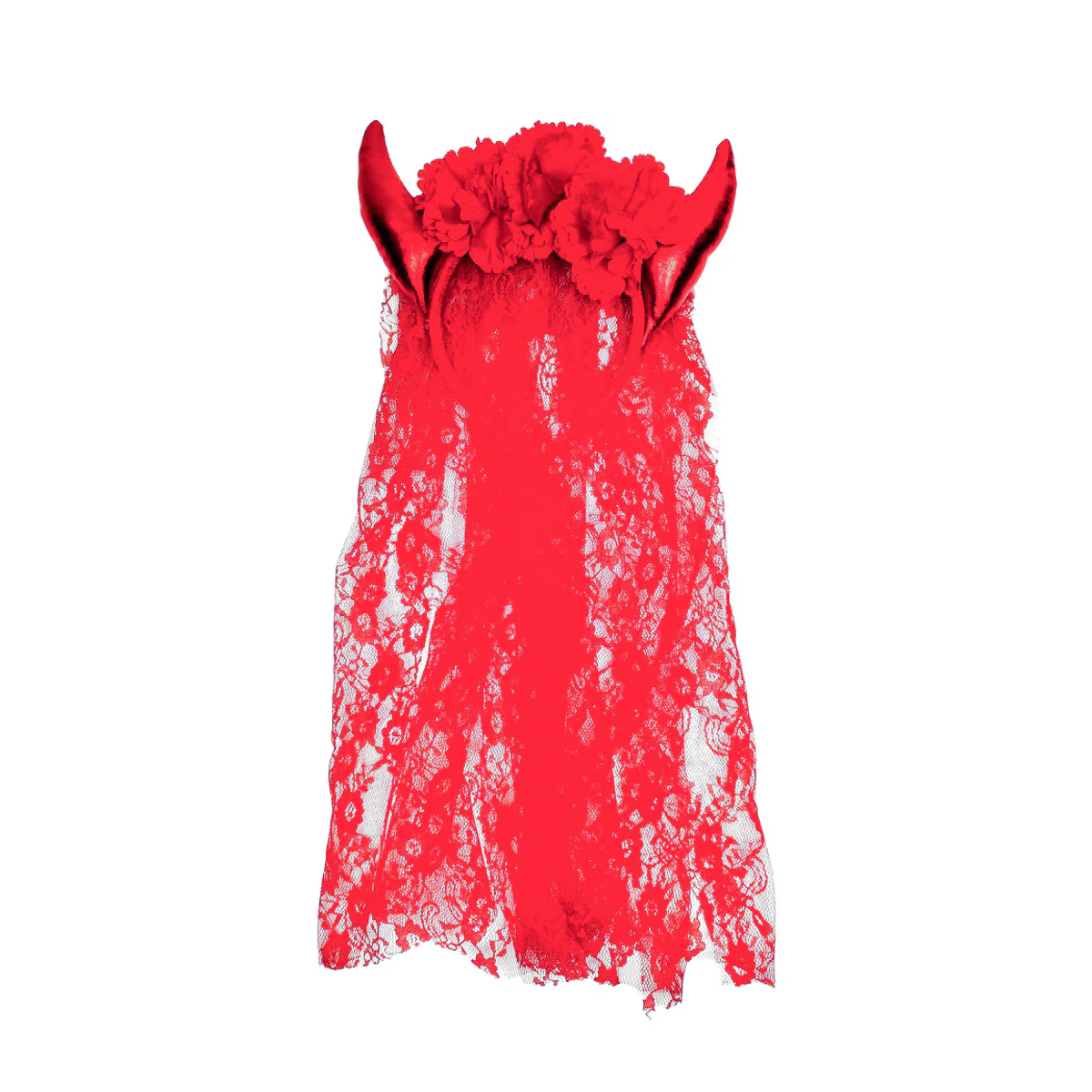 Devil Horns Headband Red Floral Lace Veil Demon Cosplay Halloween Party Costume