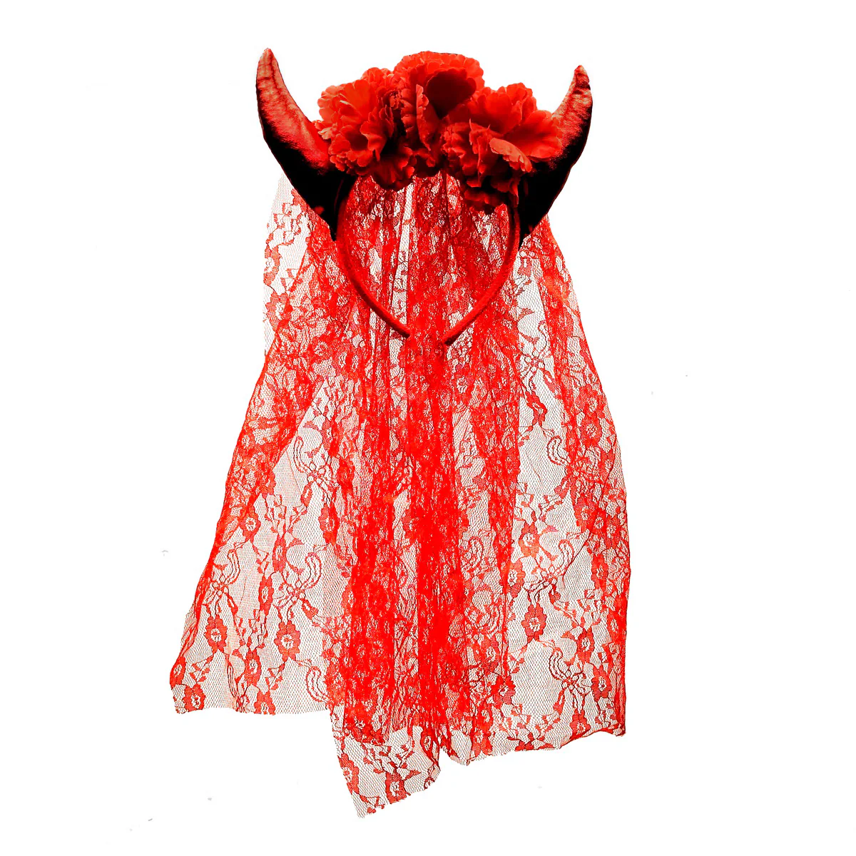 Devil Horns Headband Red Floral Lace Veil Demon Cosplay Halloween Party Costume - Image 2