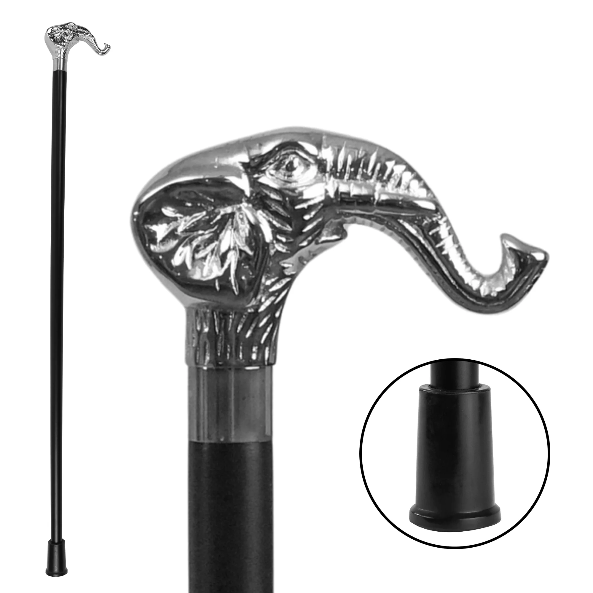 Elephant Head Walking Stick Silver Handle 36" Wood Shaft Sturdy Gentleman's Cane