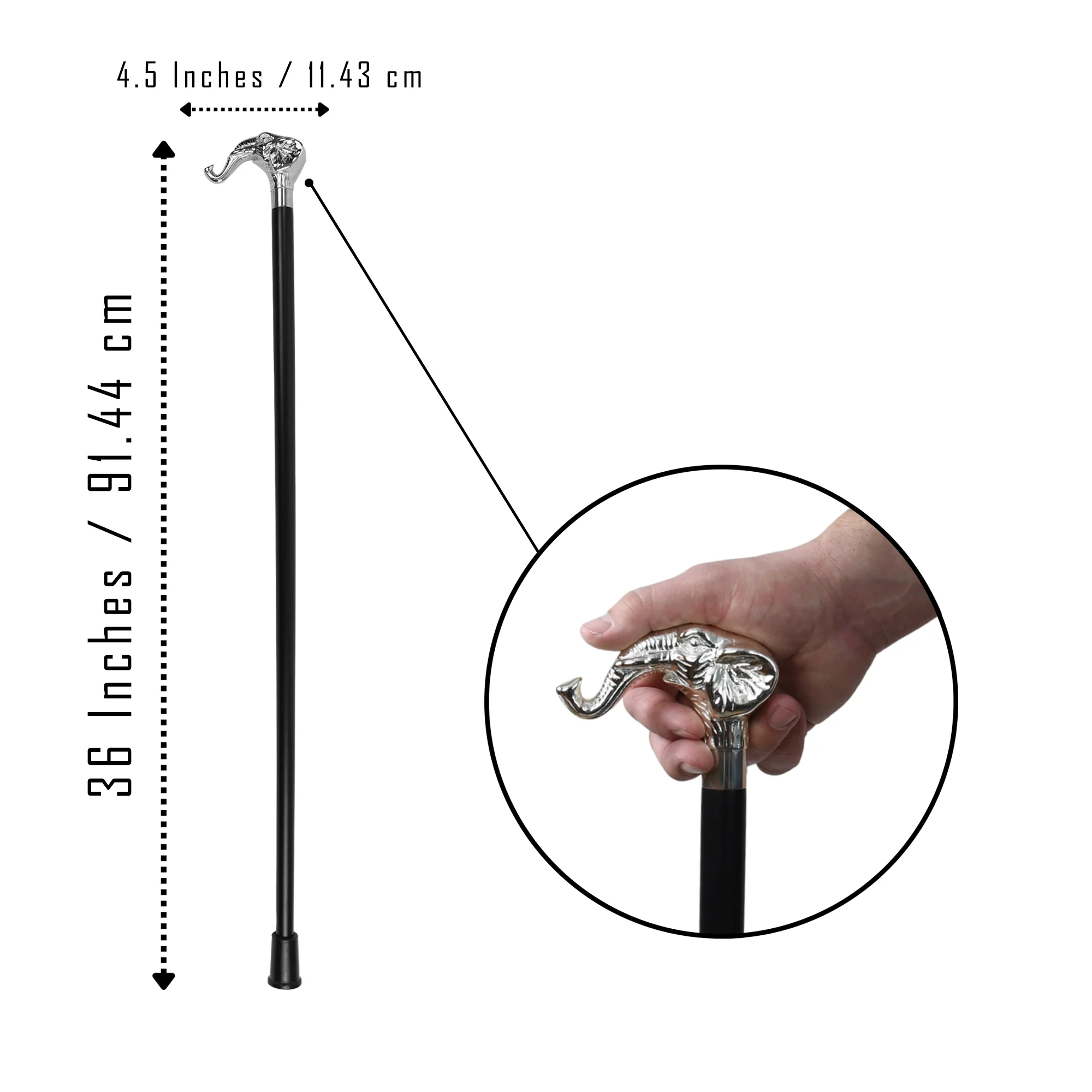 Elephant Head Walking Stick Silver Handle 36" Wood Shaft Sturdy Gentleman's Cane - Image 2