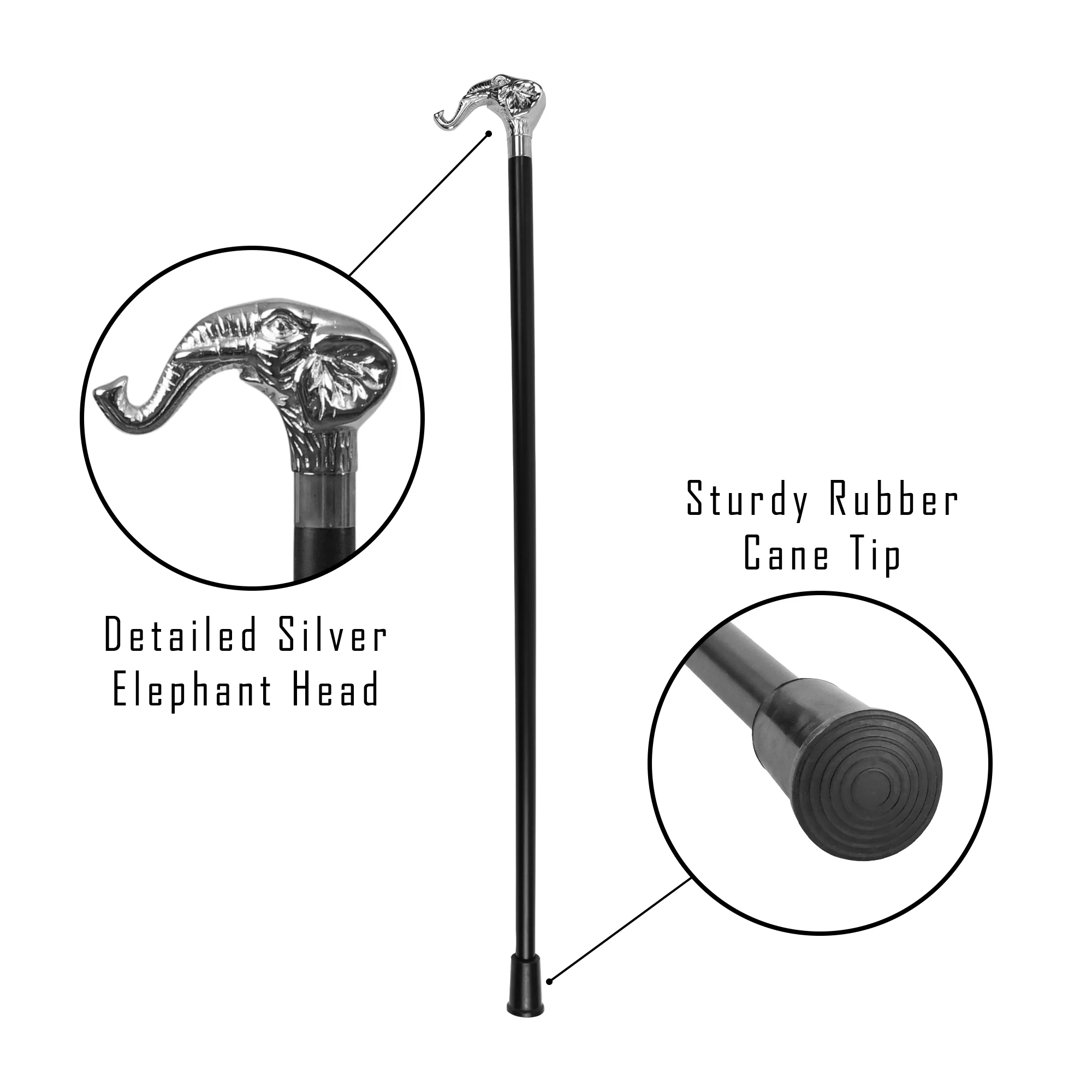 Elephant Head Walking Stick Silver Handle 36" Wood Shaft Sturdy Gentleman's Cane - Image 3