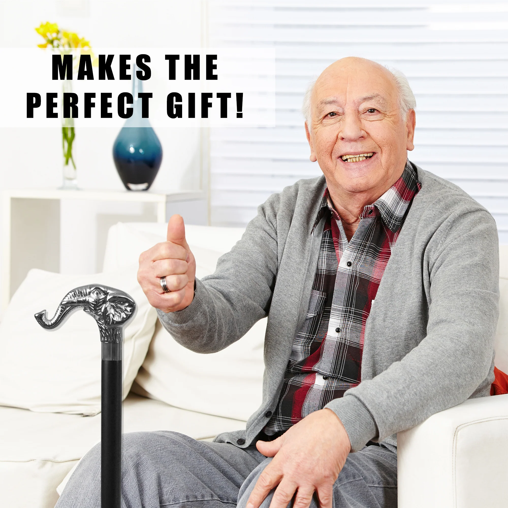 Elephant Head Walking Stick Silver Handle 36" Wood Shaft Sturdy Gentleman's Cane - Image 5