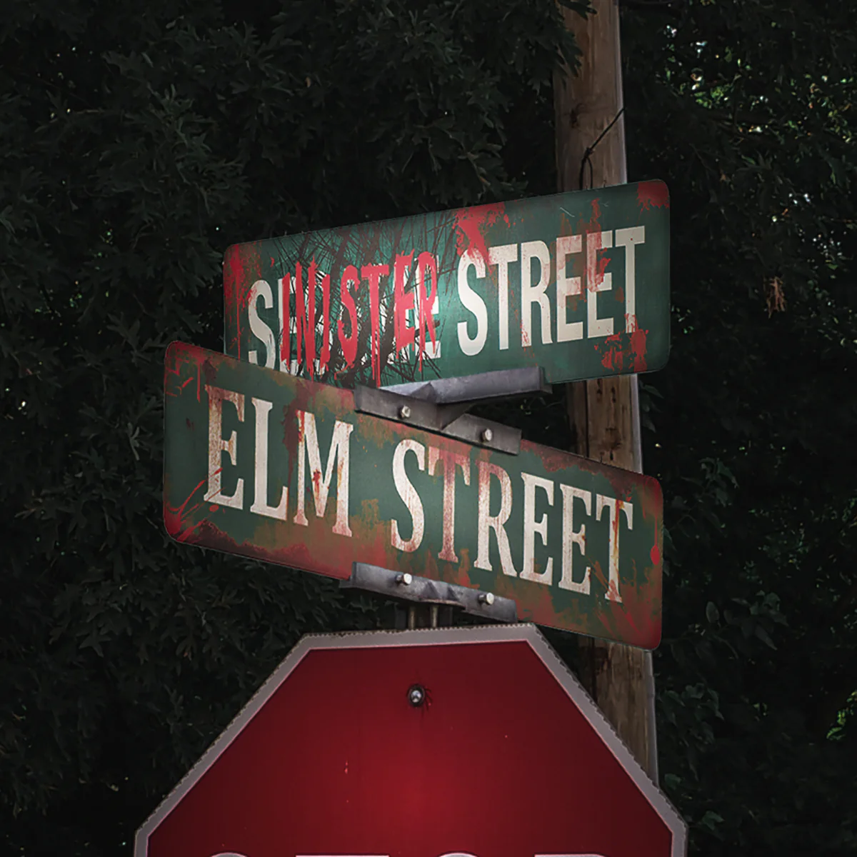 Elm & Sinister Metal Bloody Street Sign 2pc Scary Halloween Haunted House Prop - Image 5