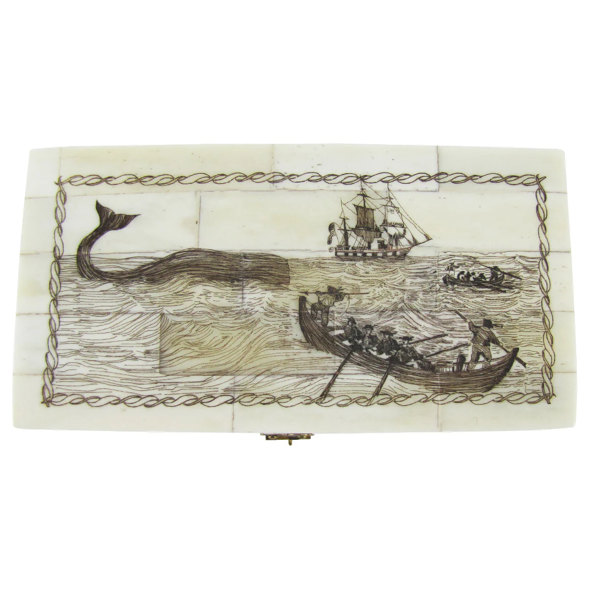Etched Scrimshaw Art Whaling Ship Jewelry Box Chest