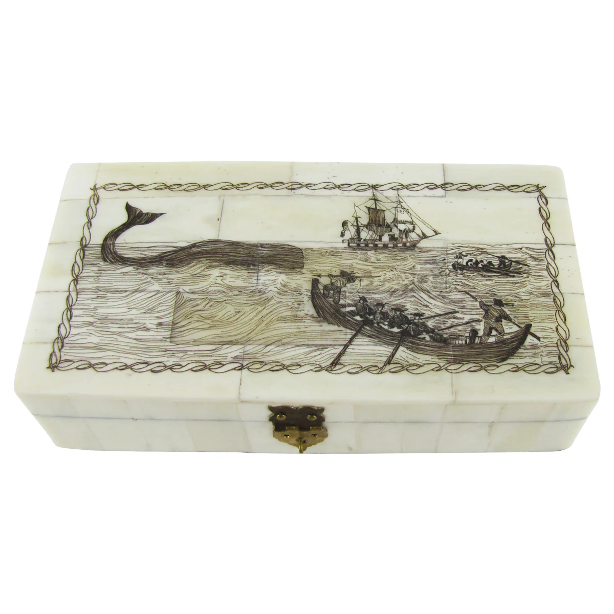Etched Scrimshaw Art Whaling Ship Jewelry Box Chest - Image 2