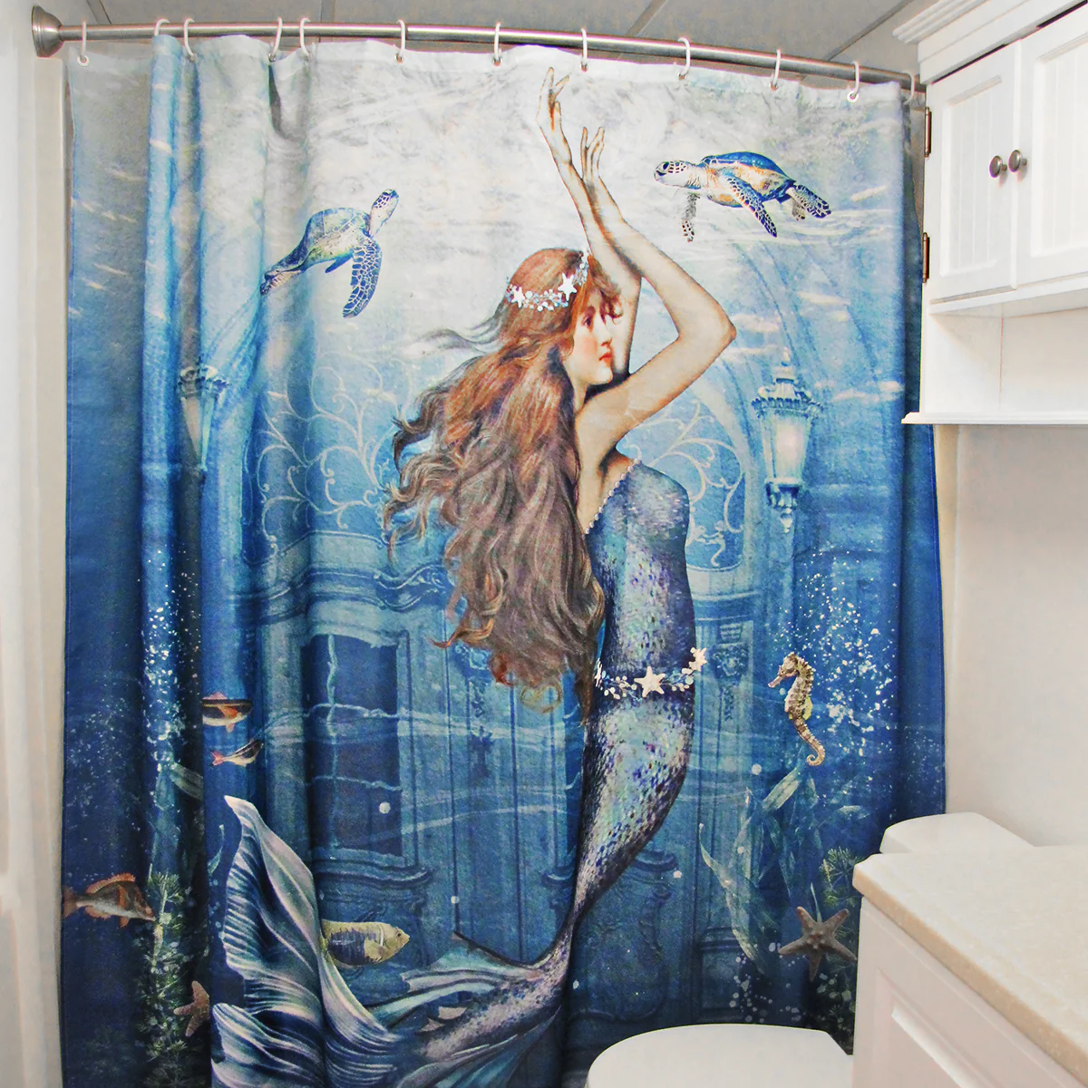 Fabric Mermaid Bath Shower Curtain Ocean Bathroom Accessories Coastal Home Decor - Image 3