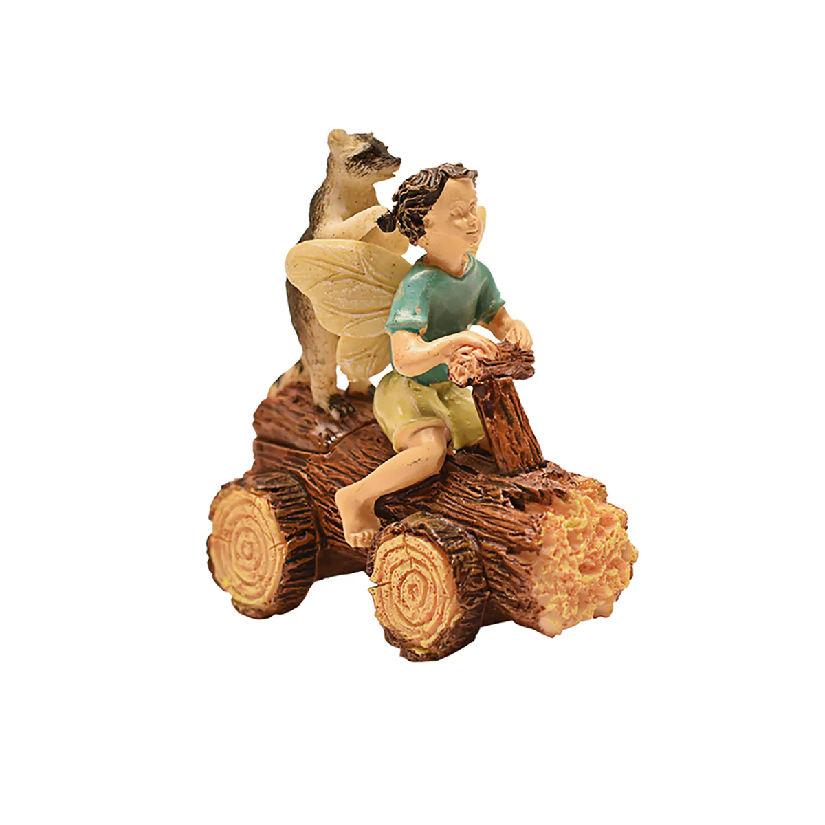 Fairy Boy Raccoon Riding Log Bike Garden Figurine Mini Dollhouse Decor Accessory