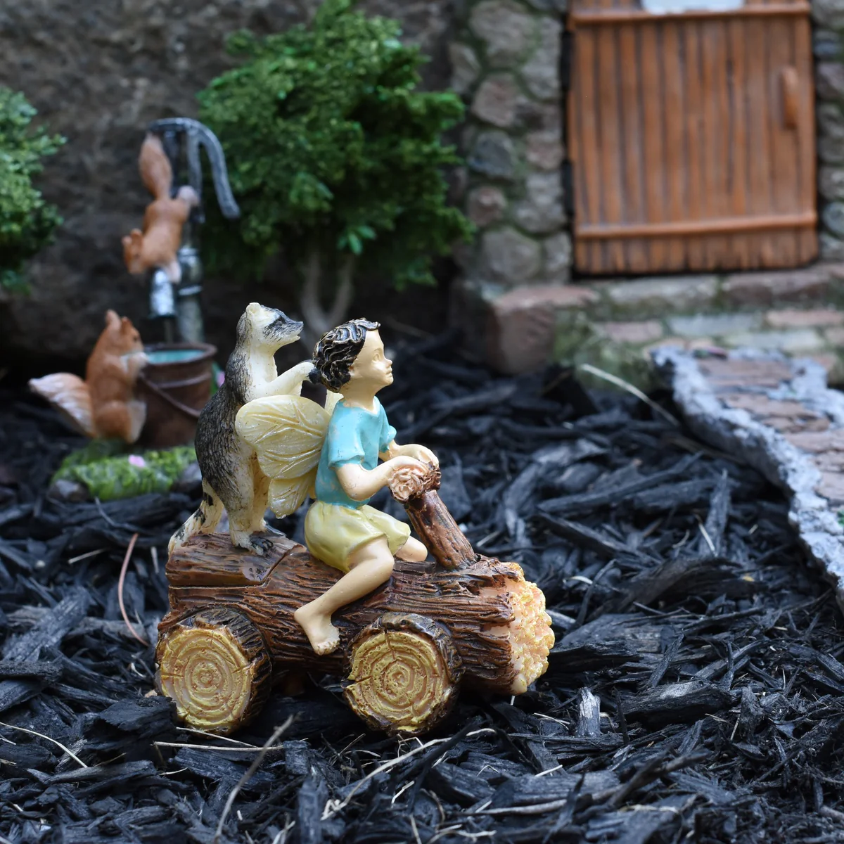 Fairy Boy Raccoon Riding Log Bike Garden Figurine Mini Dollhouse Decor Accessory - Image 4