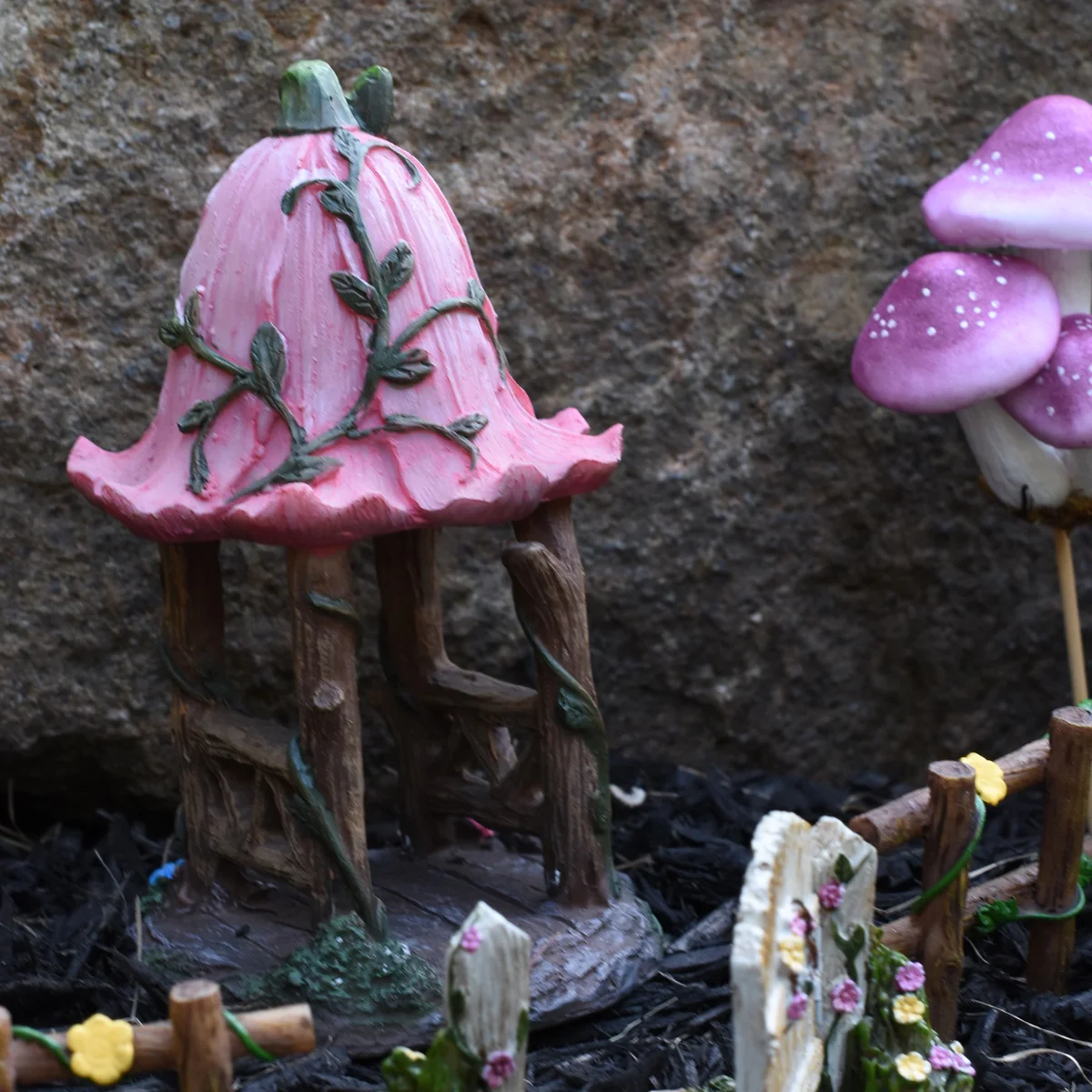 Fairy Garden Miniature Pink Flower Roof Gazebo Outdoor Landscape Dollhouse Decor - Image 4