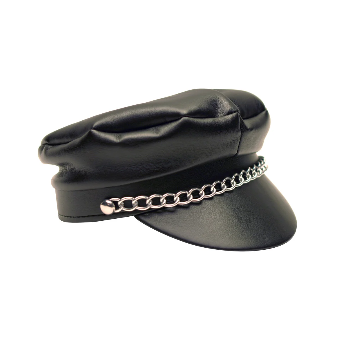 Faux Black Leather Biker Chain Hat Sexy Cosplay Halloween Party Motorcycle Cap