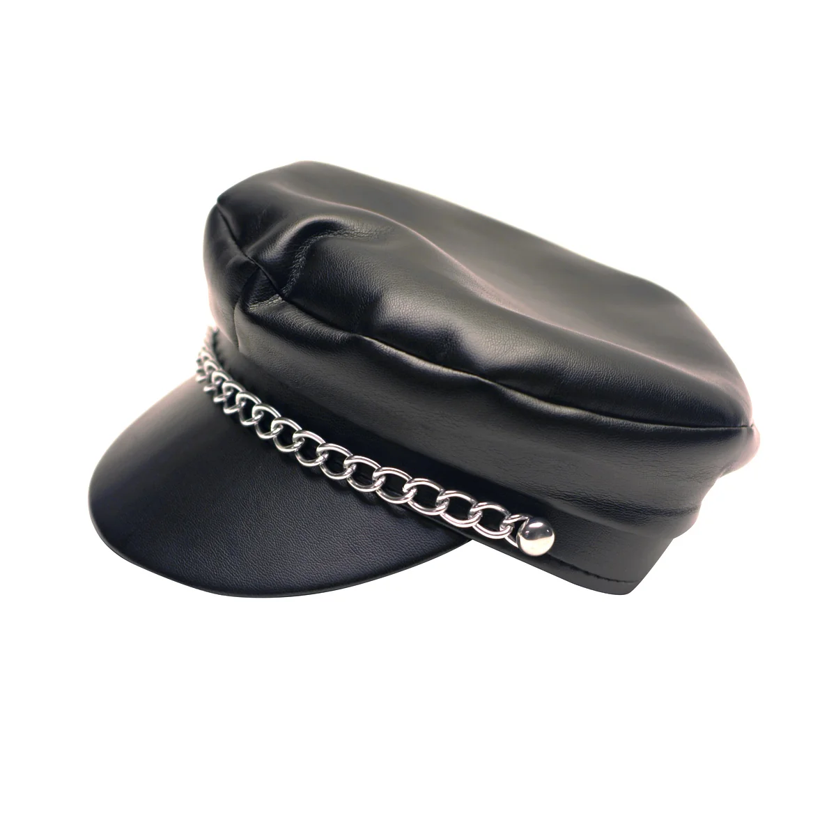 Faux Black Leather Biker Chain Hat Sexy Cosplay Halloween Party Motorcycle Cap - Image 3
