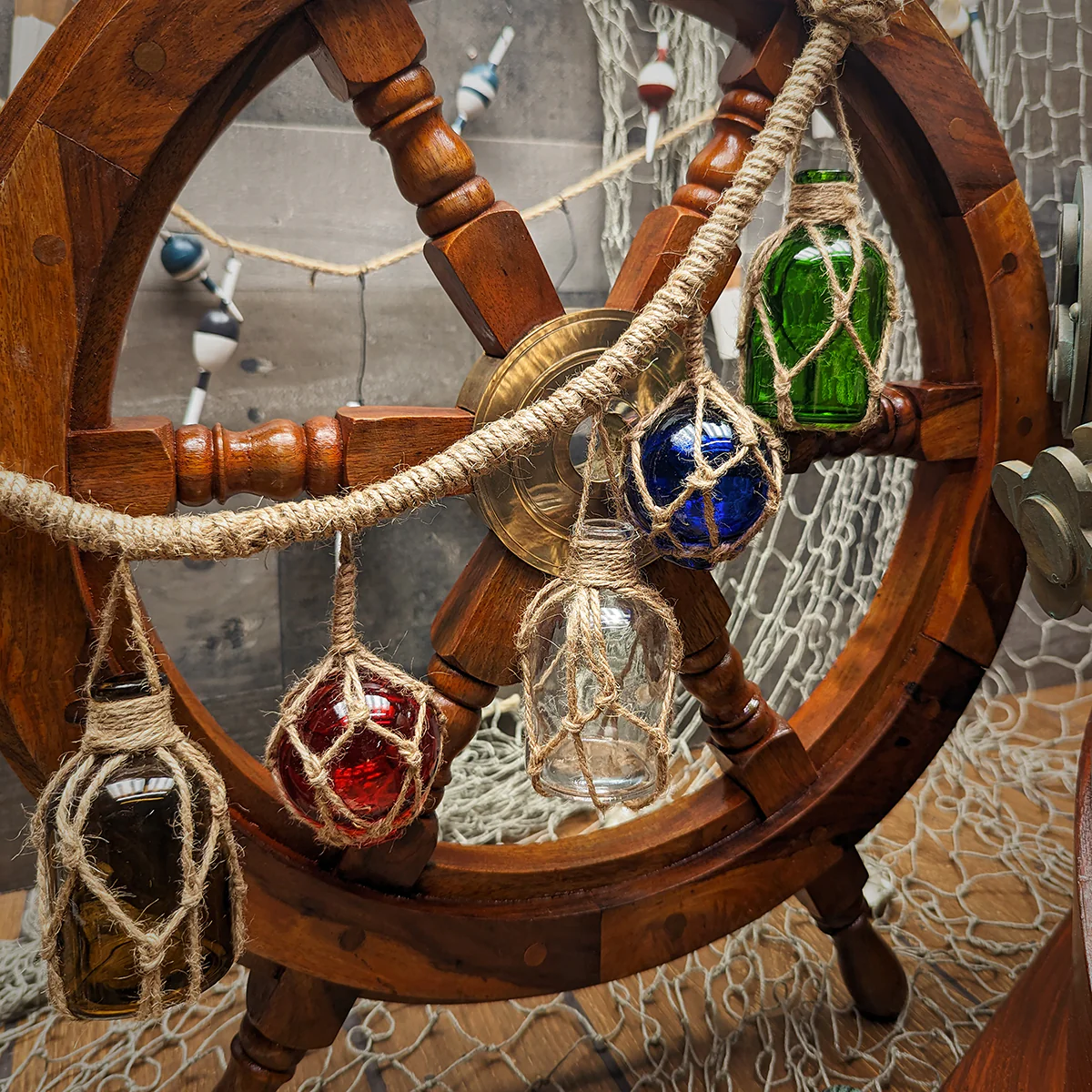 Fishing Nautical Rope Buoys 6 Glass Bottles Float Fish Net Ball Tiki Luau Decor - Image 4