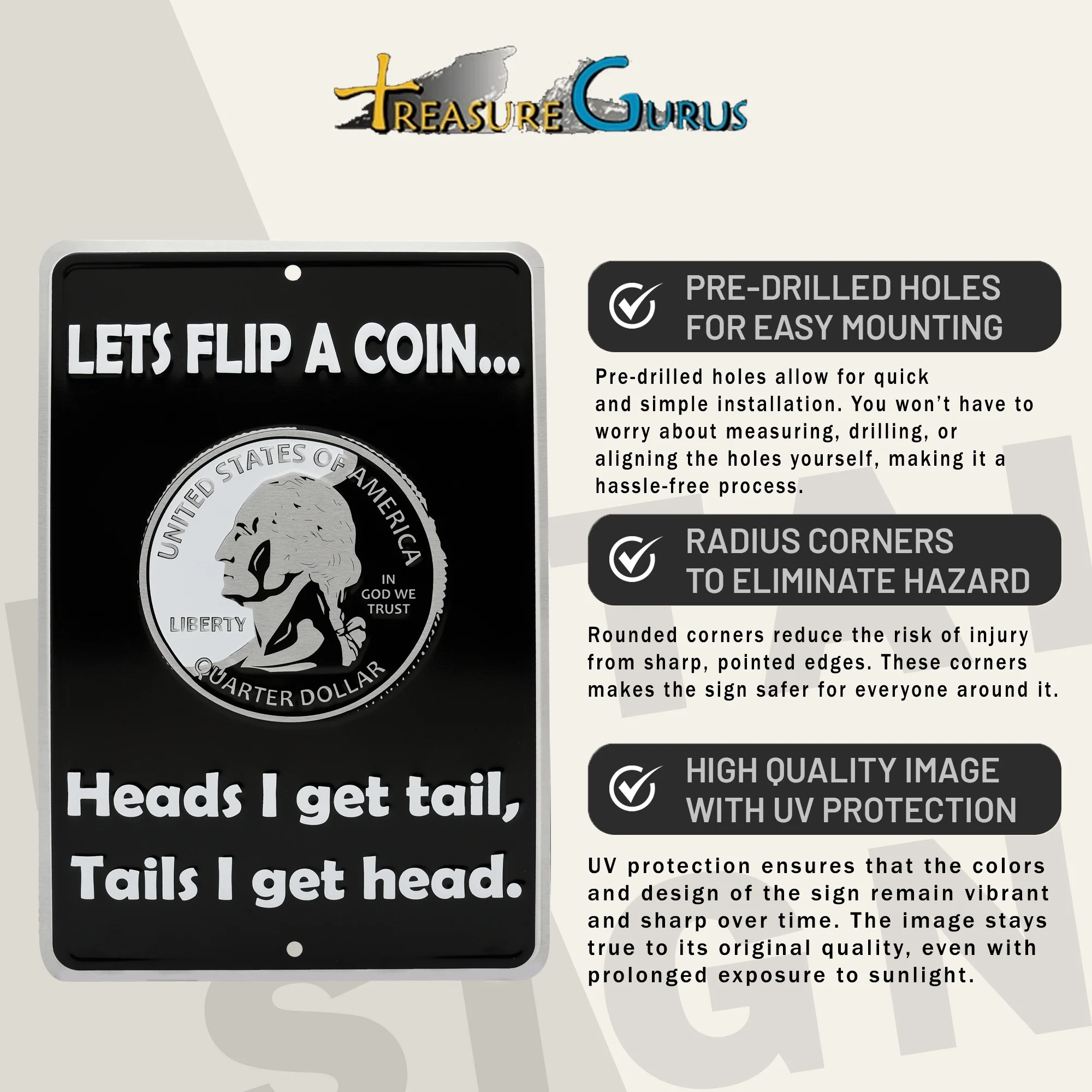 Metal Wall Sign Flip Coin Heads I Get Tail, Tails I Get Head Man Cave Room Decor - Image 4