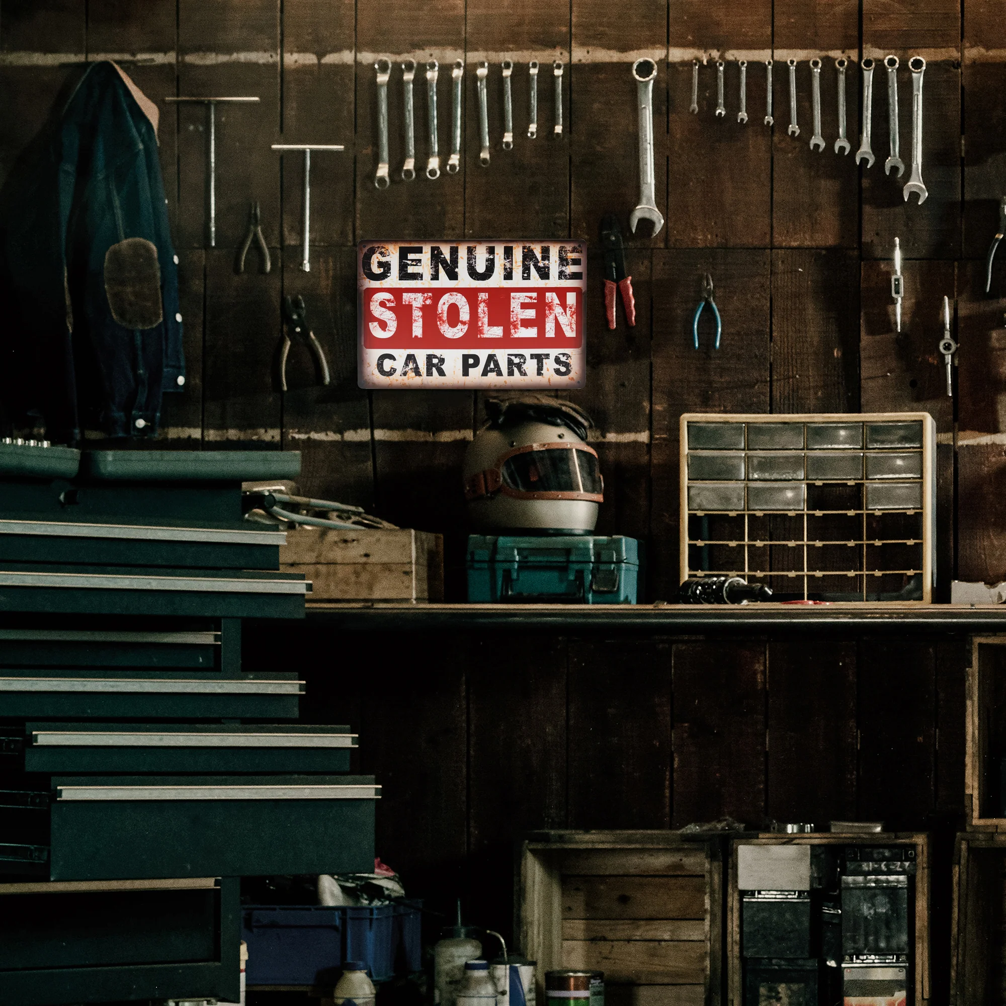 Metal Garage Sign Genuine Stolen Parts Wall Art Mechanic Shop Vintage Car Decor - Image 2