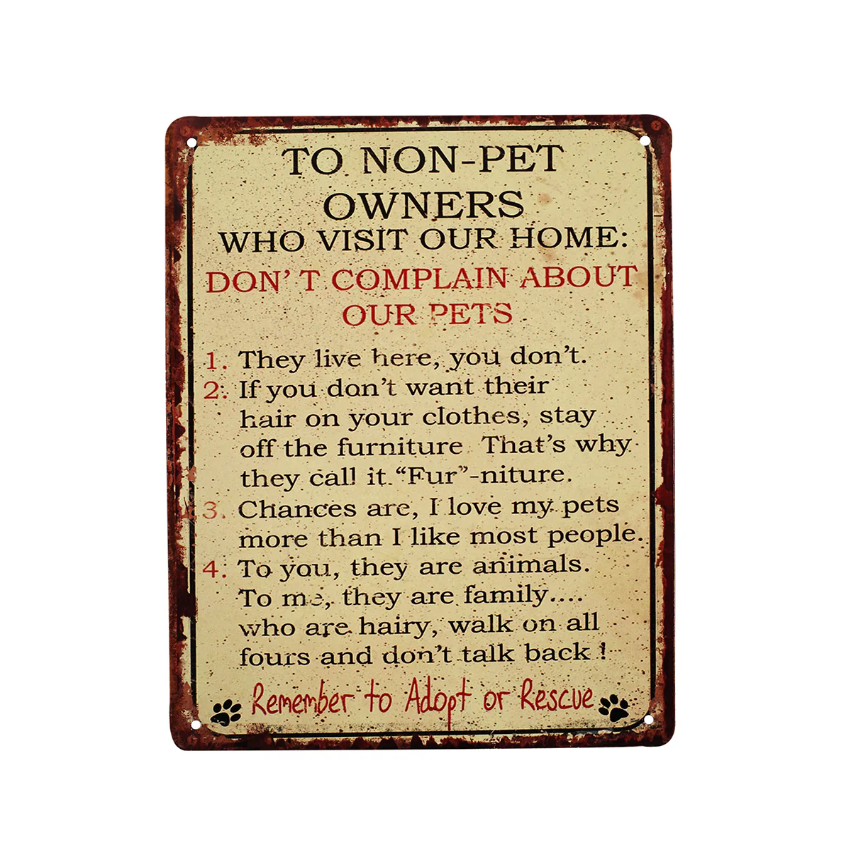 Funny Metal Non Pet Owners Home Rules Dog Cat Lover Sign Novelty Wall Door Decor