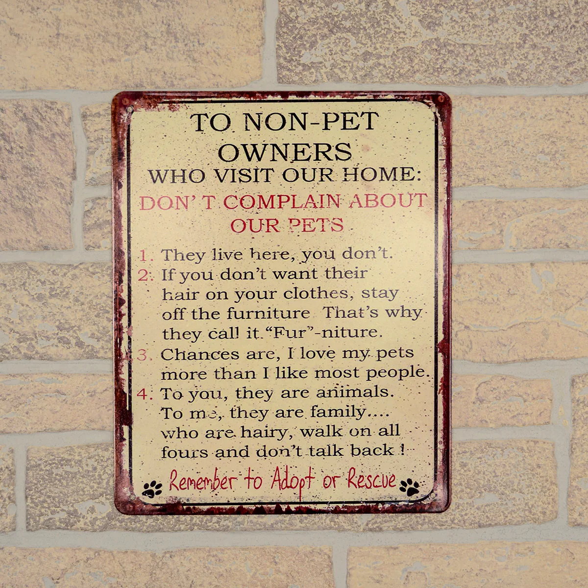 Funny Metal Non Pet Owners Home Rules Dog Cat Lover Sign Novelty Wall Door Decor - Image 3