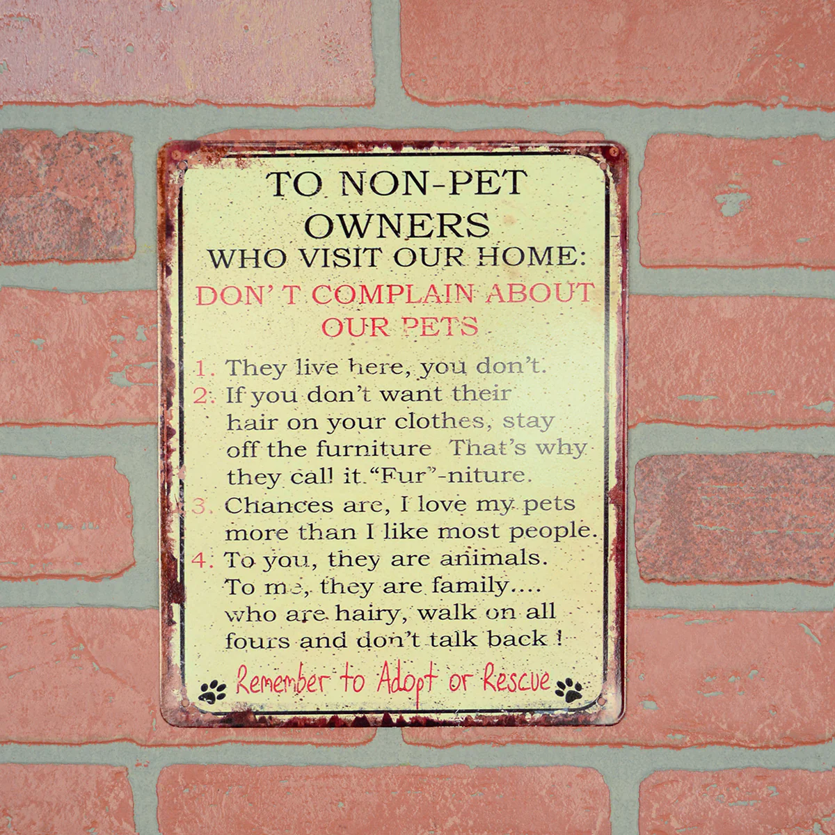 Funny Metal Non Pet Owners Home Rules Dog Cat Lover Sign Novelty Wall Door Decor - Image 4