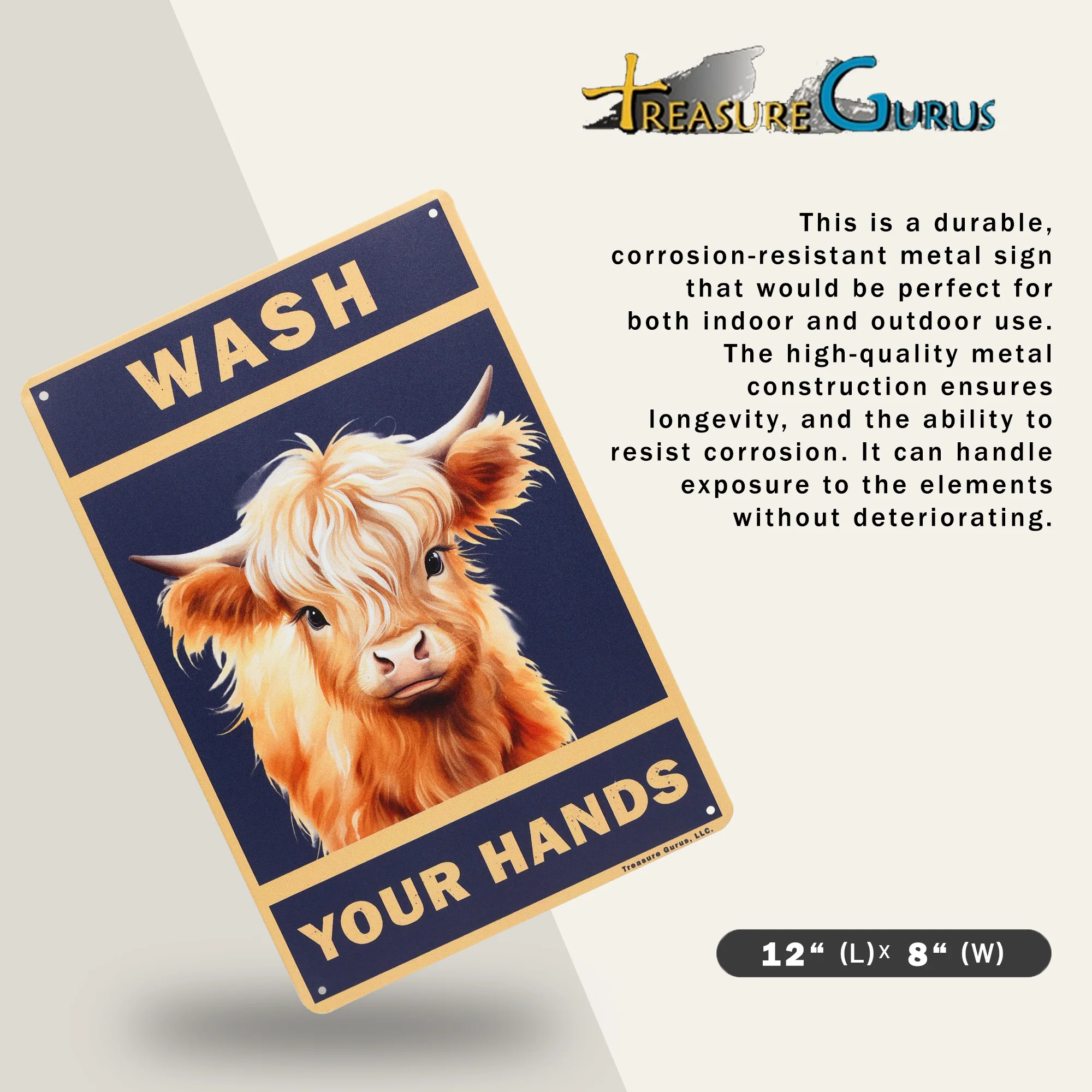 Funny Metal Sign Wash Your Hands Highland Cow Wall Art Restroom Sign Bath Decor - Image 2