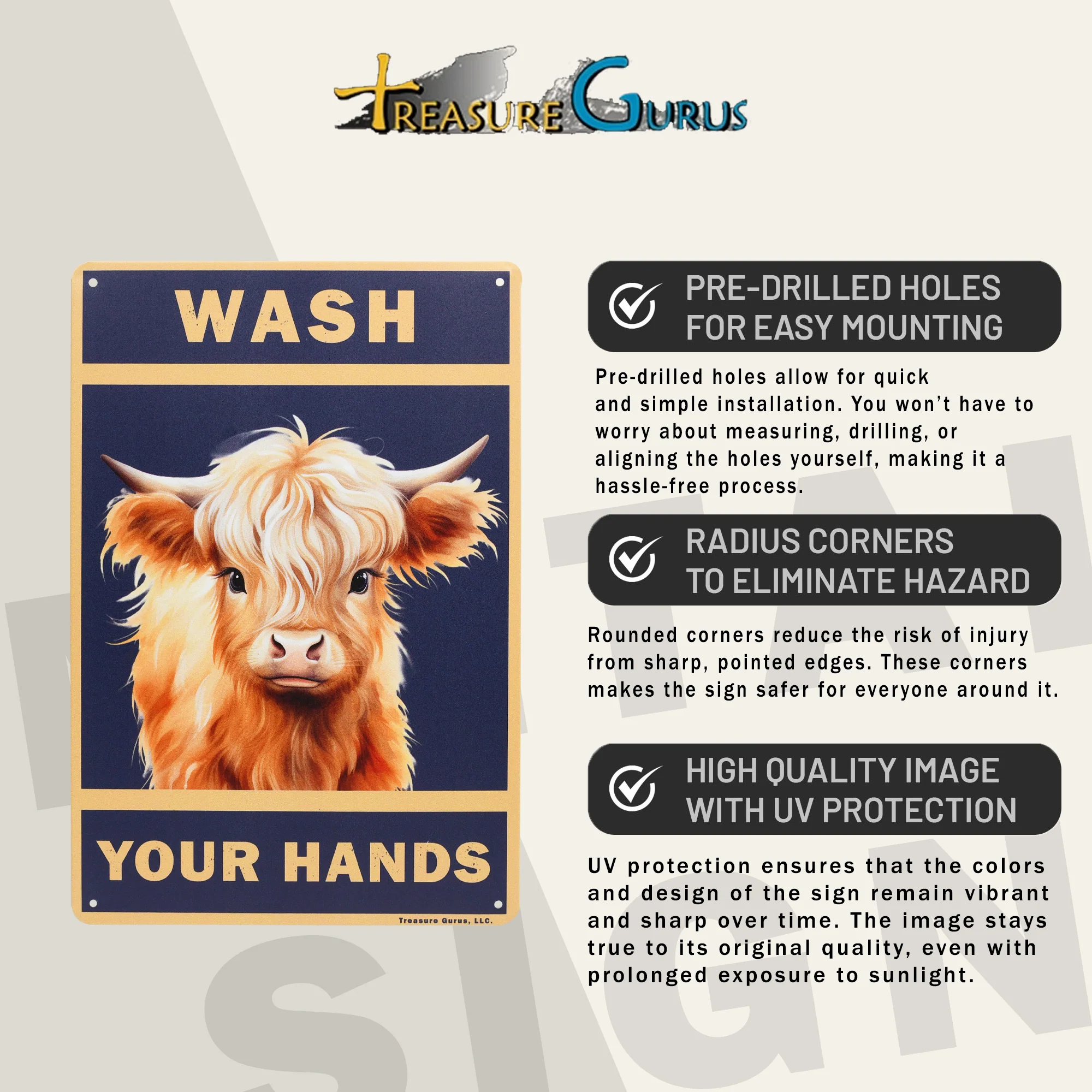 Funny Metal Sign Wash Your Hands Highland Cow Wall Art Restroom Sign Bath Decor - Image 3