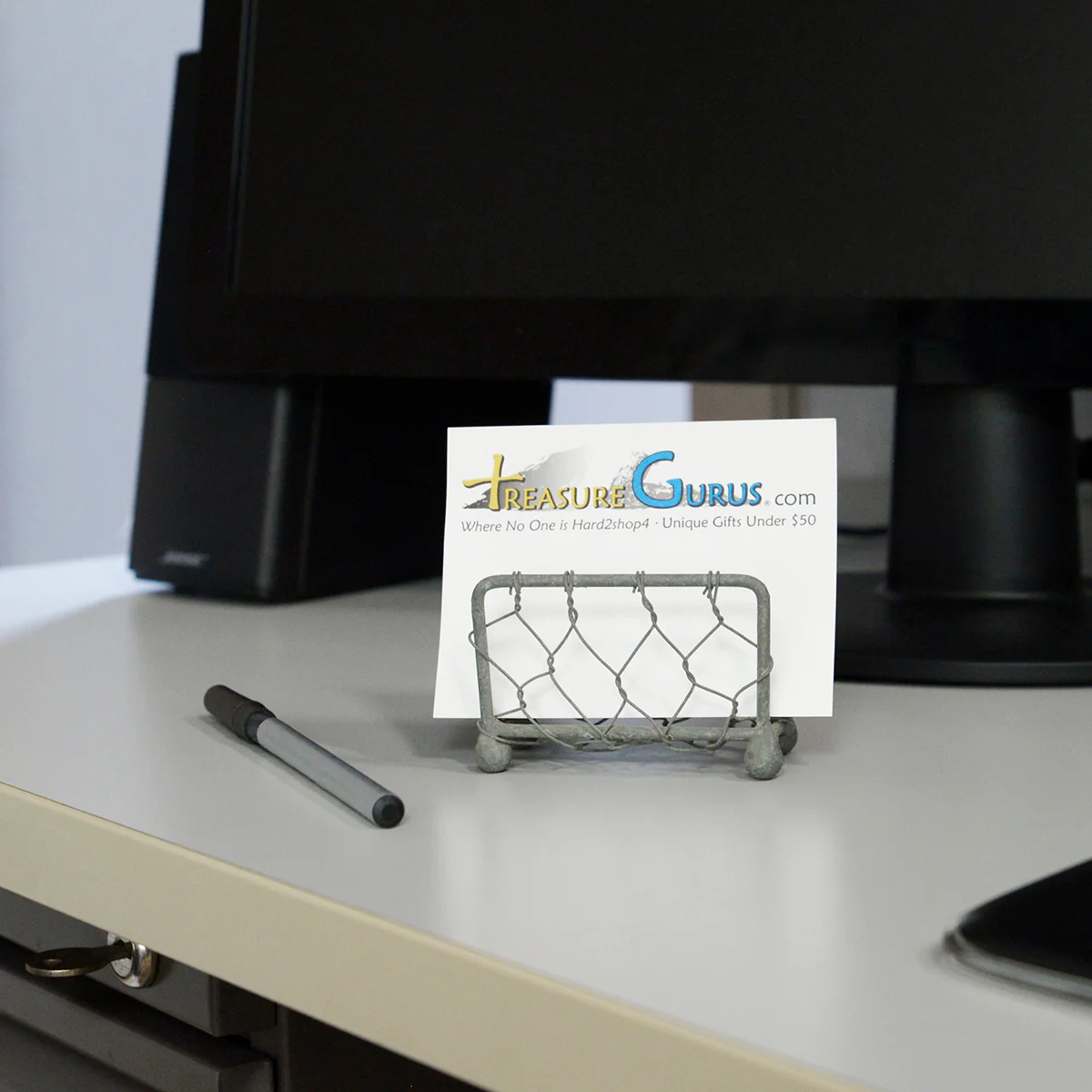 Gray Metal Chicken Wire Business Card Holder Desk Stand Rustic Home Office Decor - Image 2